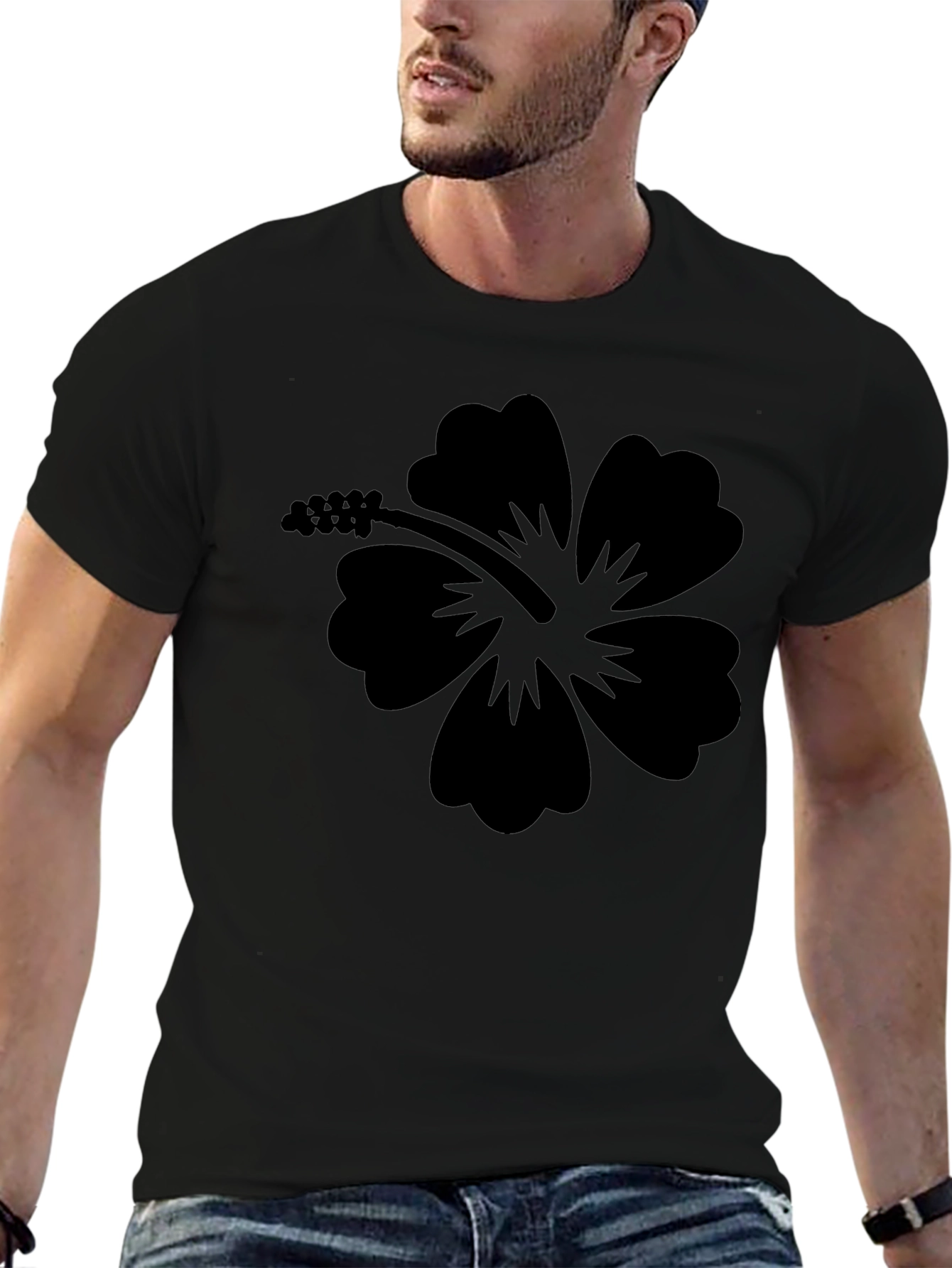 Black Hibiscus Flower Graphic T-Shirt - Casual Style