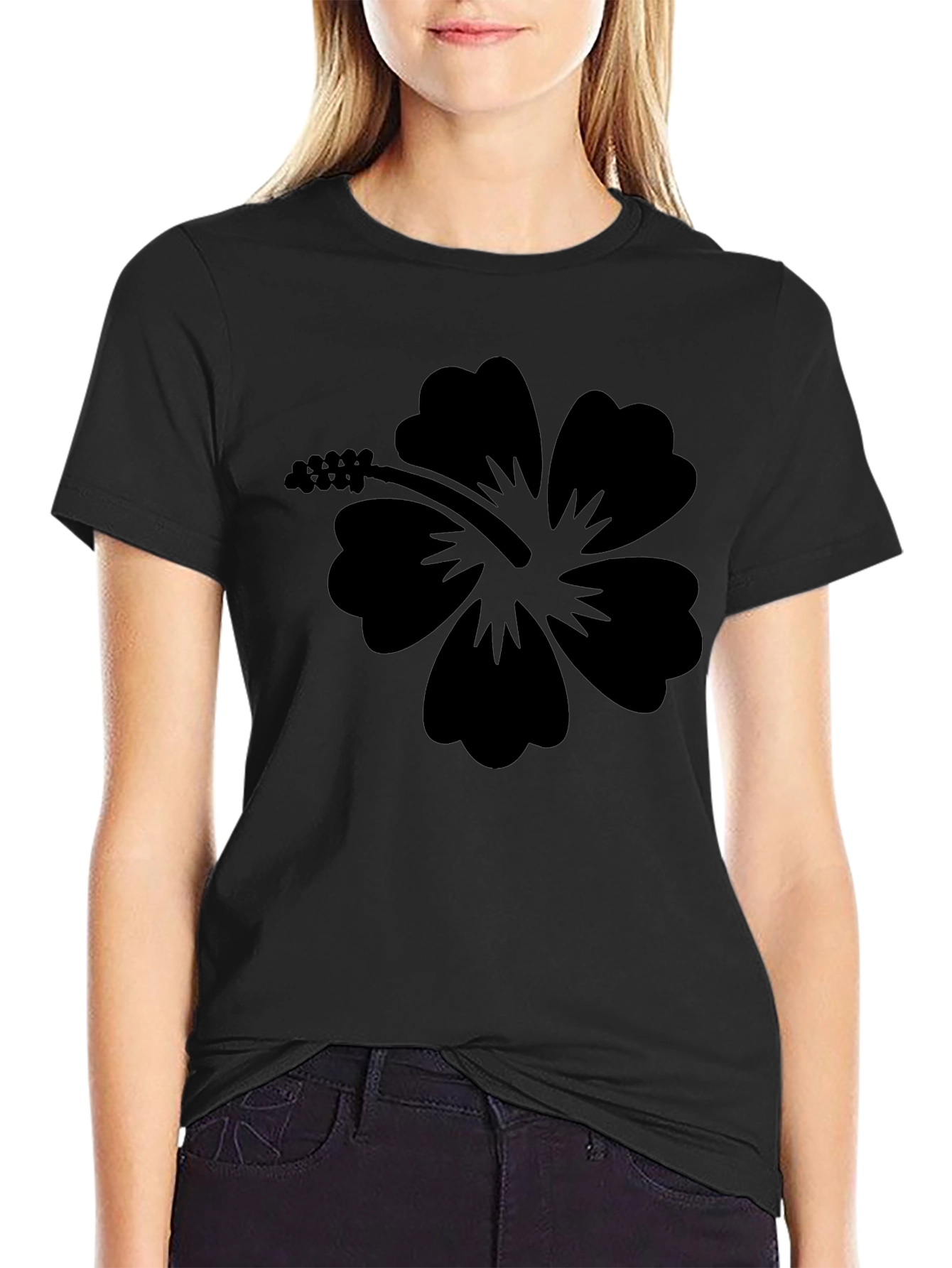 Black Hibiscus Flower Graphic T-Shirt - Casual Style
