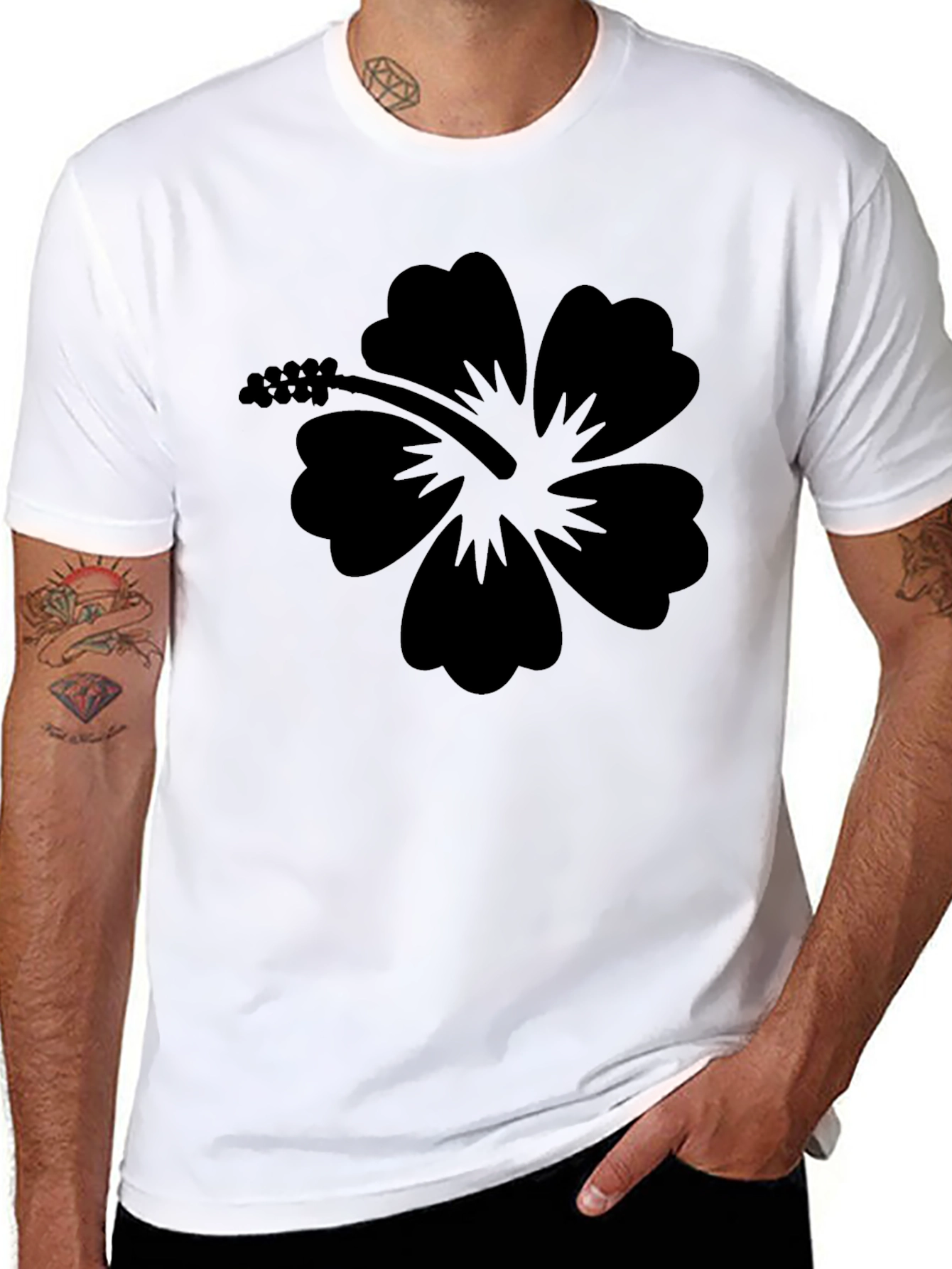 Black Hibiscus Flower Graphic T-Shirt - Casual Style