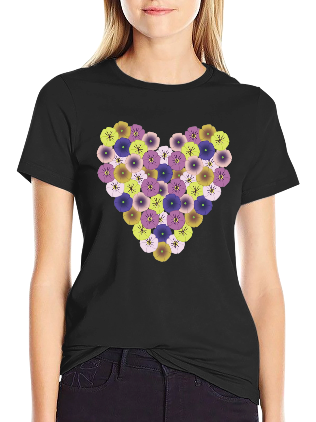Floral Heart Tee - Stylish Black T-Shirt
