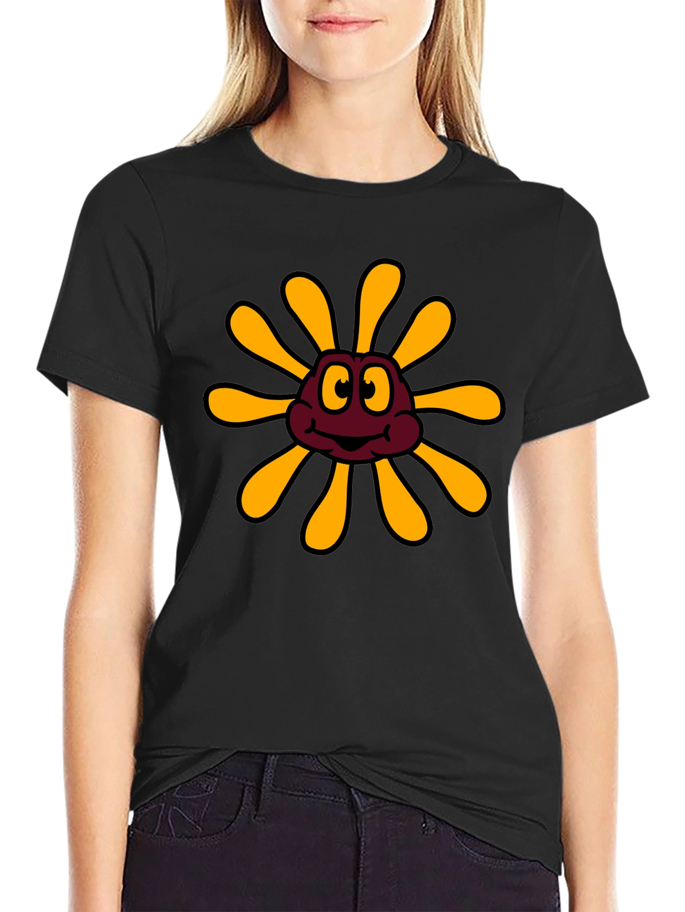 Cartoon Flower Graphic Black T-Shirt