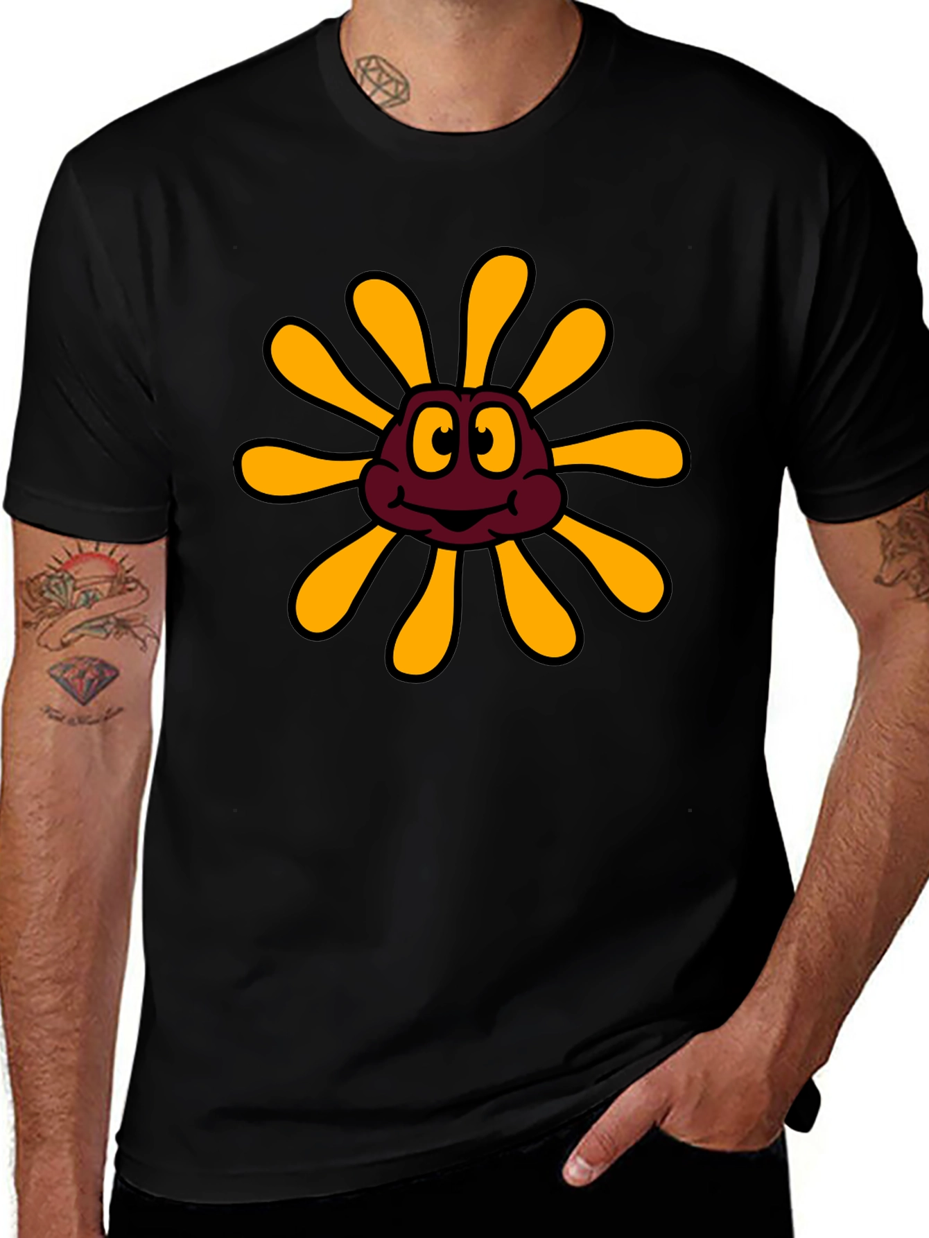 Cartoon Flower Graphic Black T-Shirt
