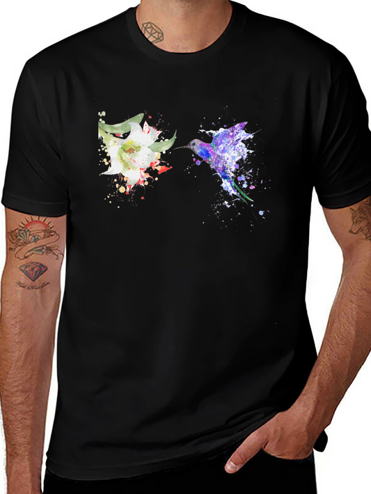 Hummingbird & Flower Graphic Black T-Shirt