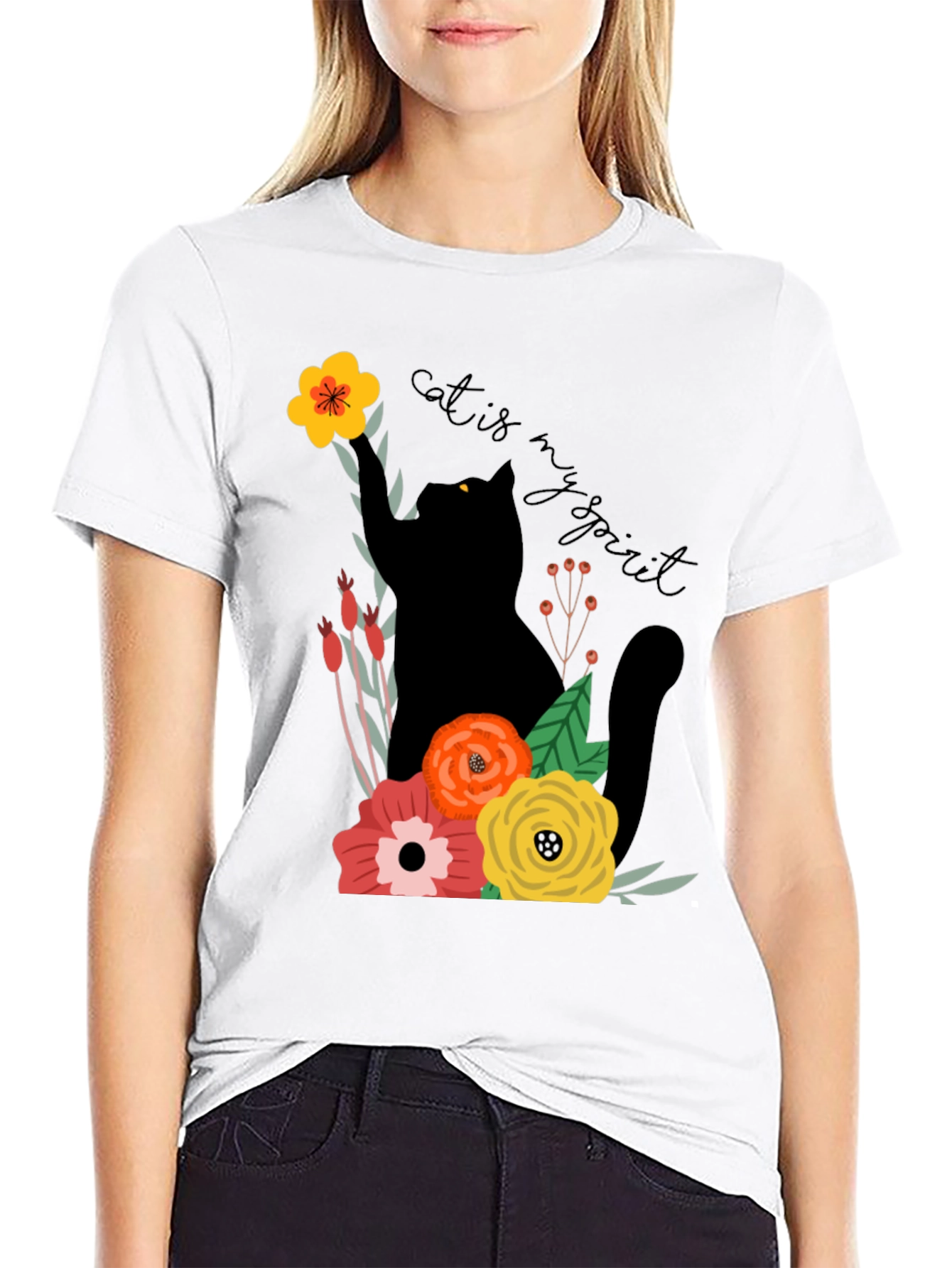Cat Is My Spirit T-Shirt - Floral Design