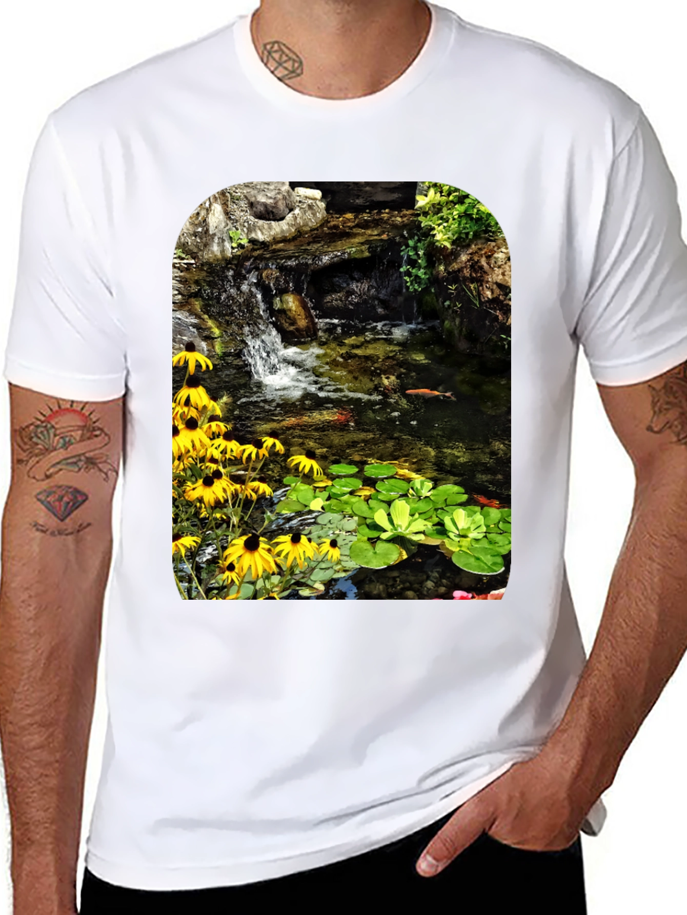 Koi Pond Waterfall Black T-Shirt