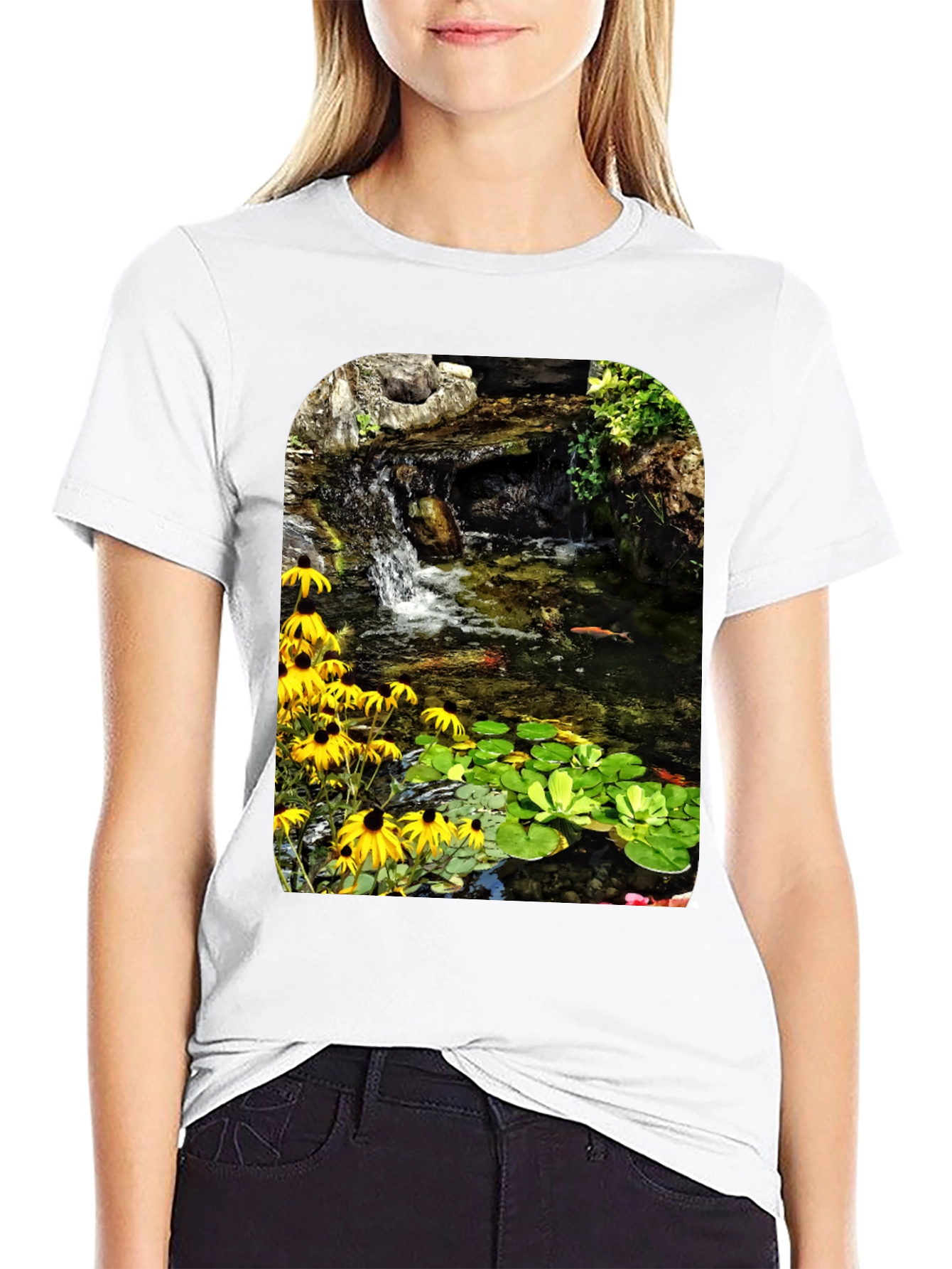 Koi Pond Waterfall Black T-Shirt