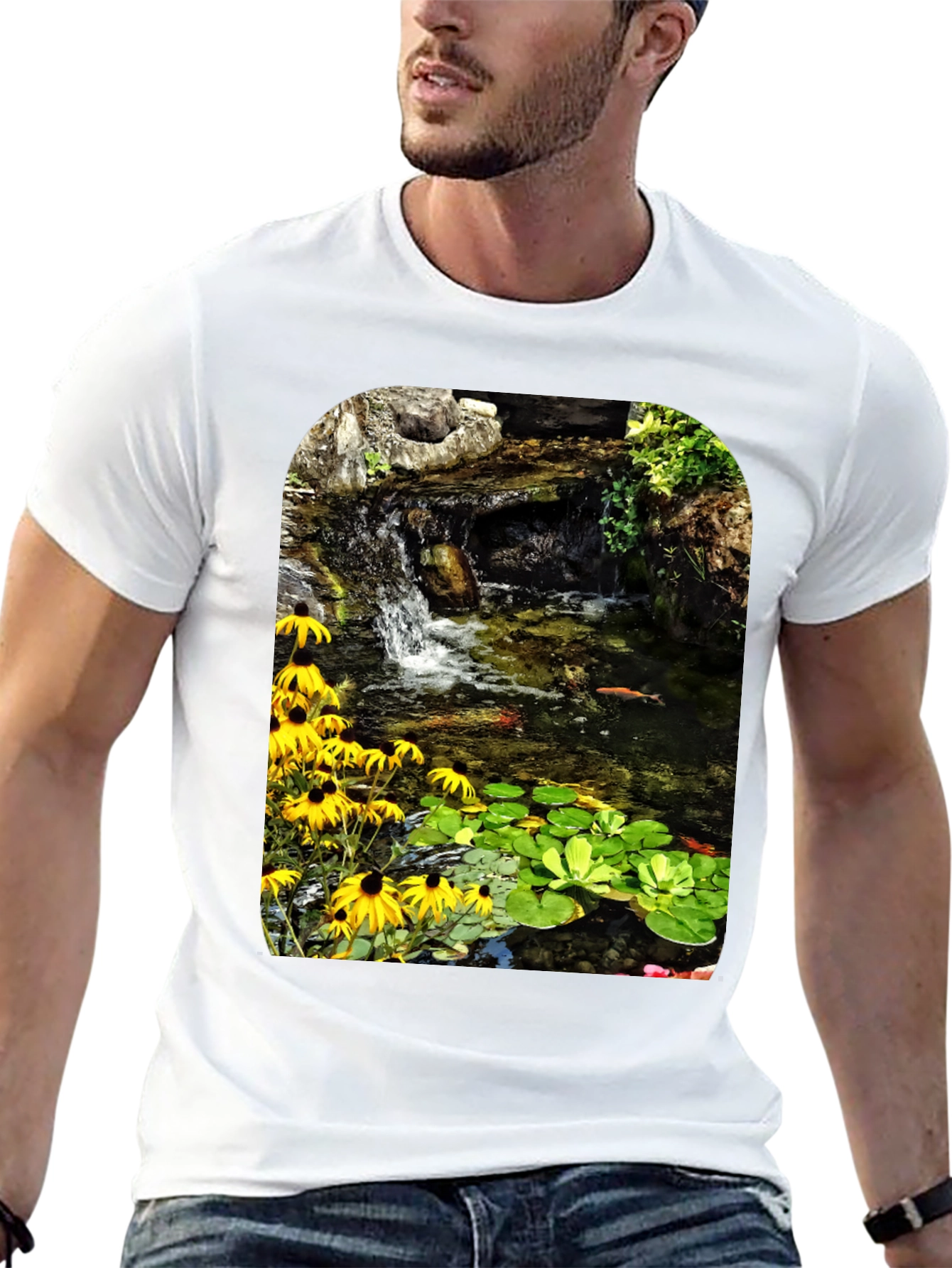 Koi Pond Waterfall Black T-Shirt