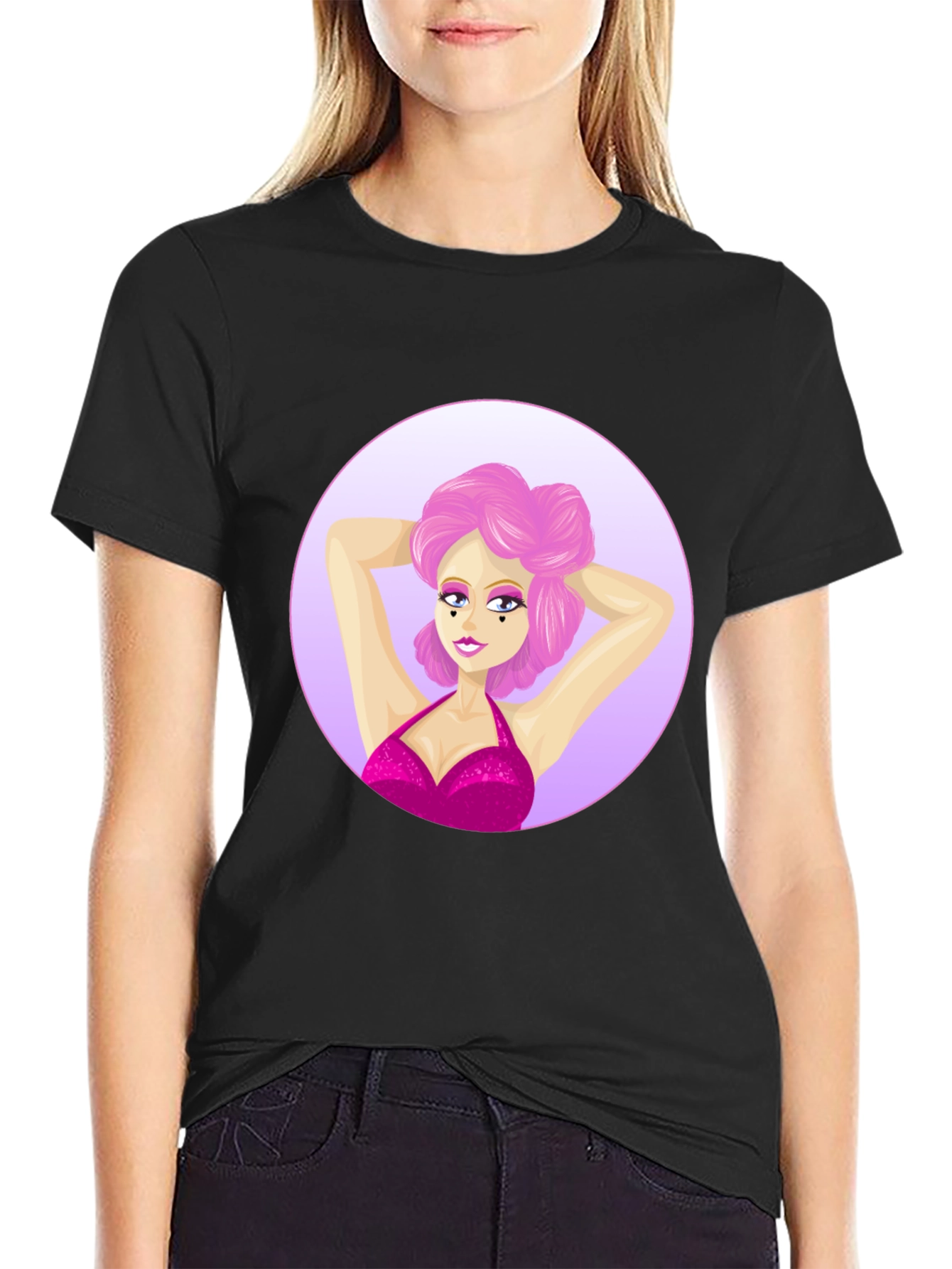 Cartoon Woman Graphic T-Shirt - Black