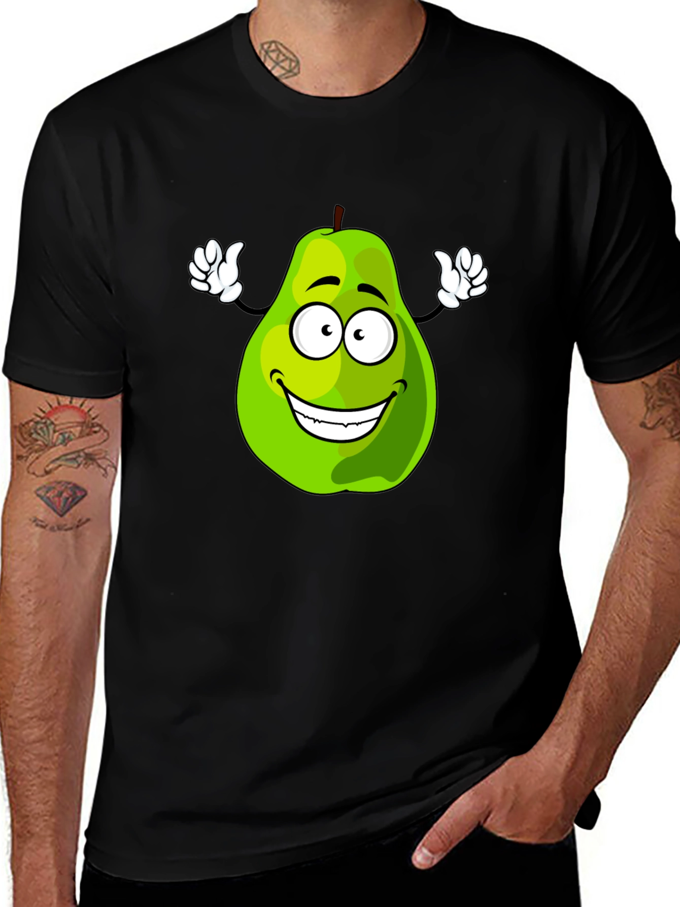 Funny Pear Cartoon Graphic Black T-Shirt