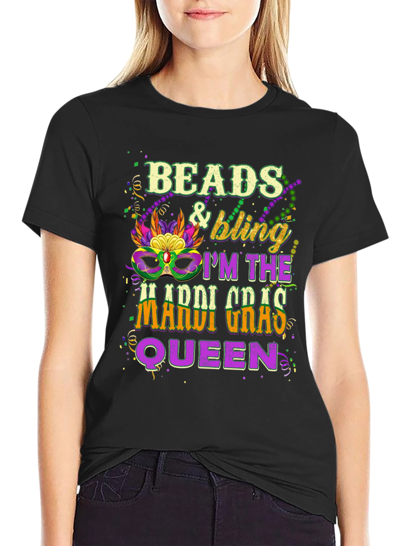 Beads & Bling Mardi Gras Queen Black T-Shirt