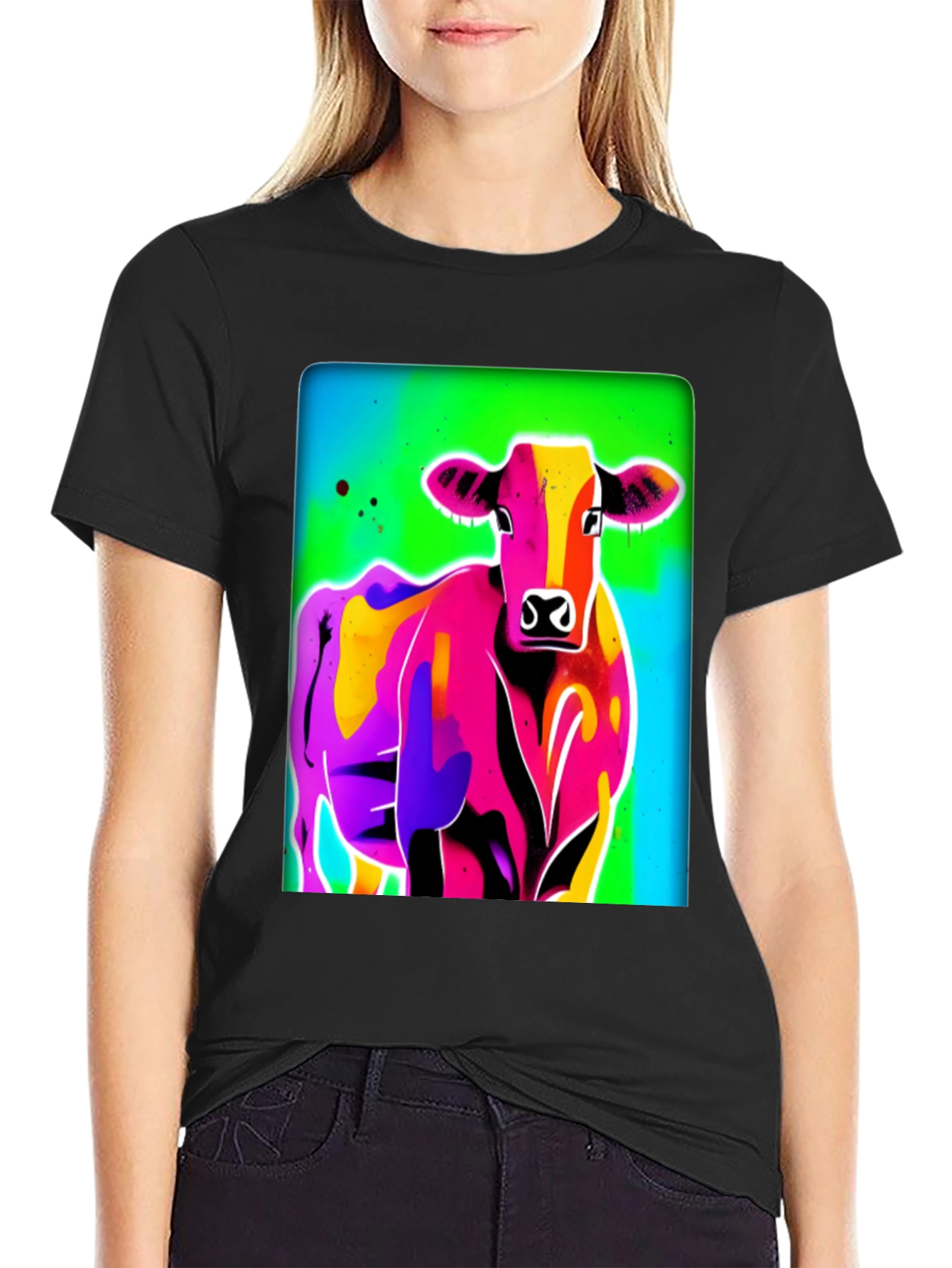 Vibrant Cow Graphic Tee - Bold Pop Art Style