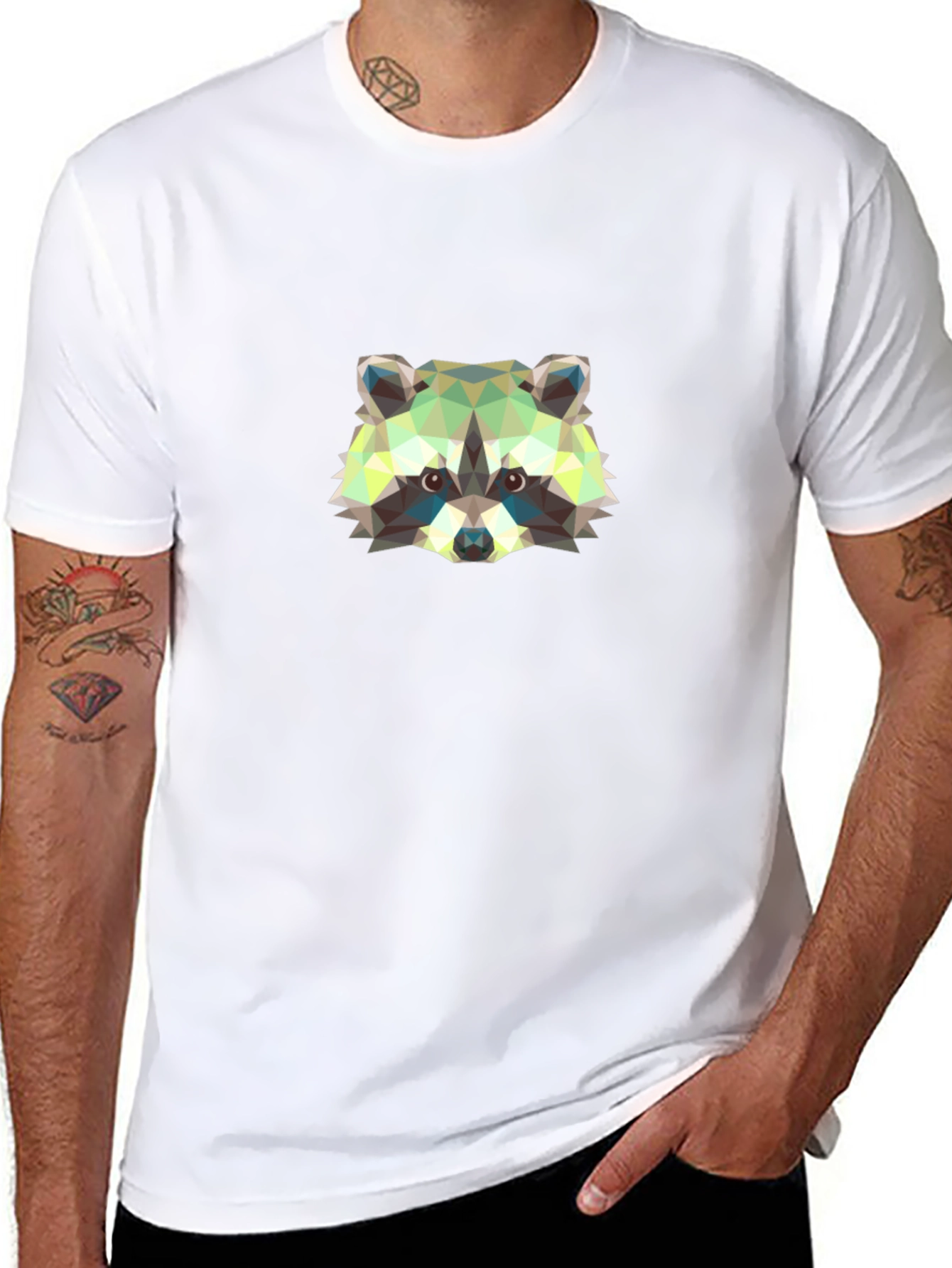 Geometric Raccoon Graphic Tee - Black Cotton Shirt