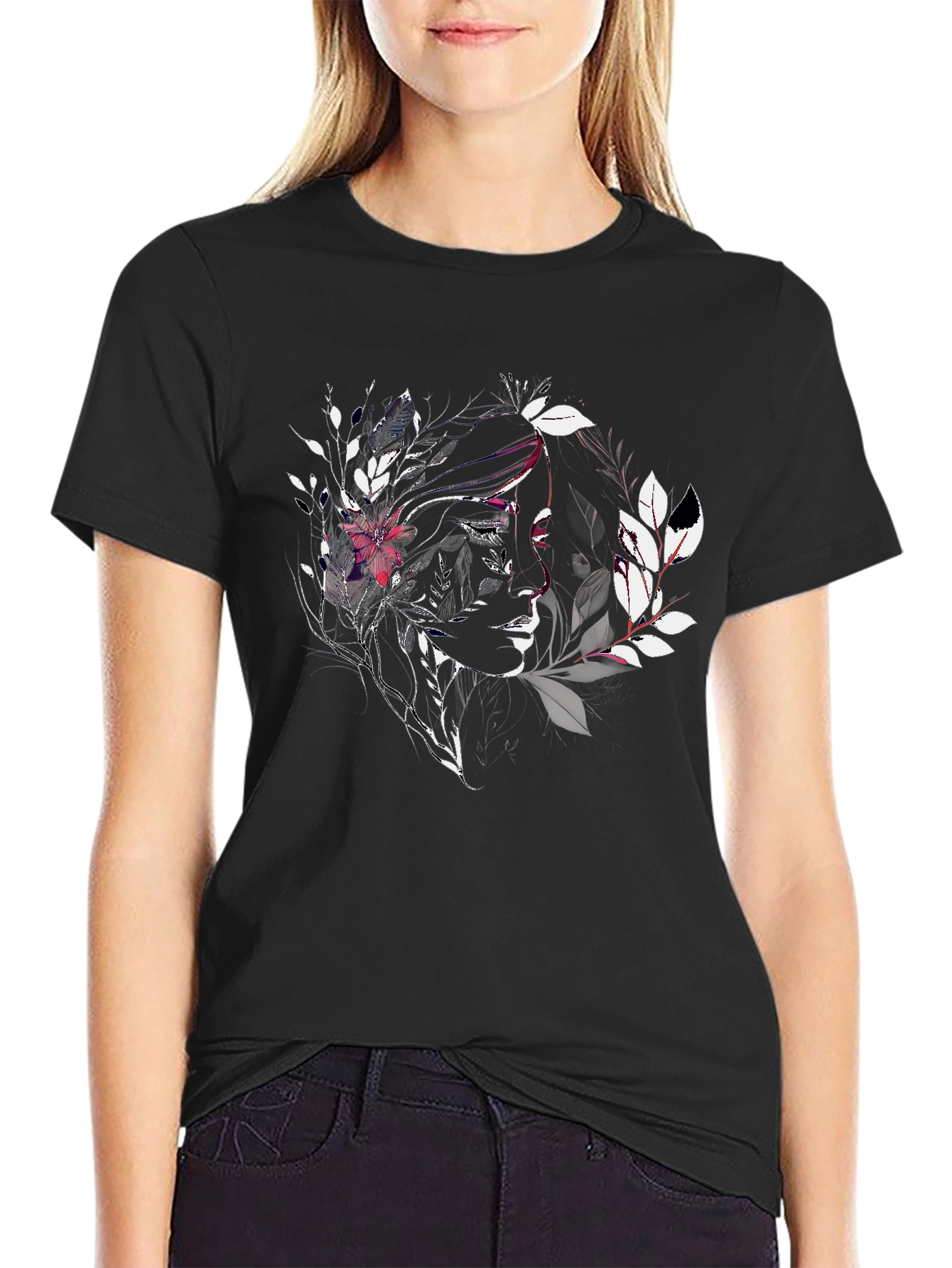 Artistic Floral Woman Graphic Black Tee