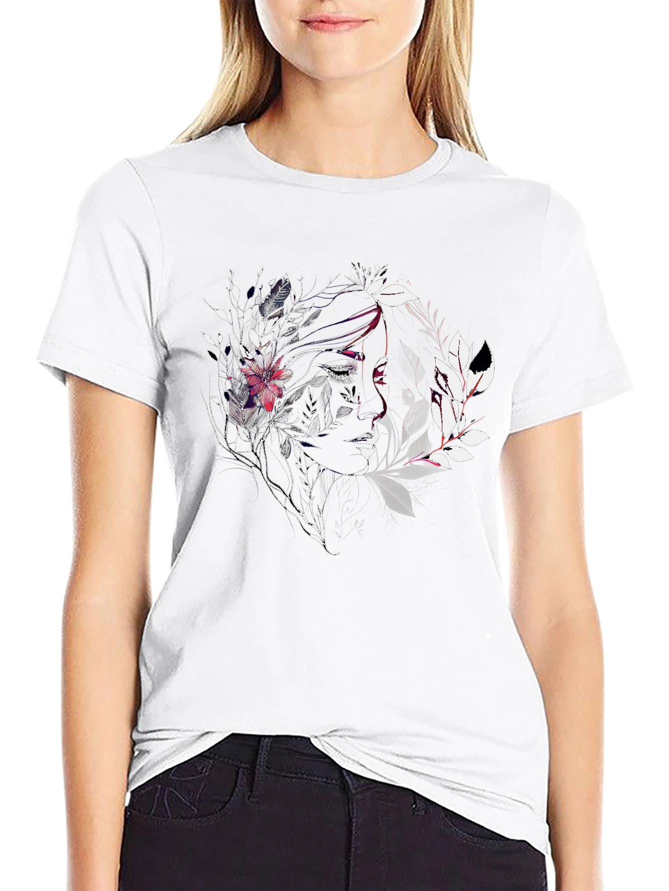 Artistic Floral Woman Graphic Black Tee