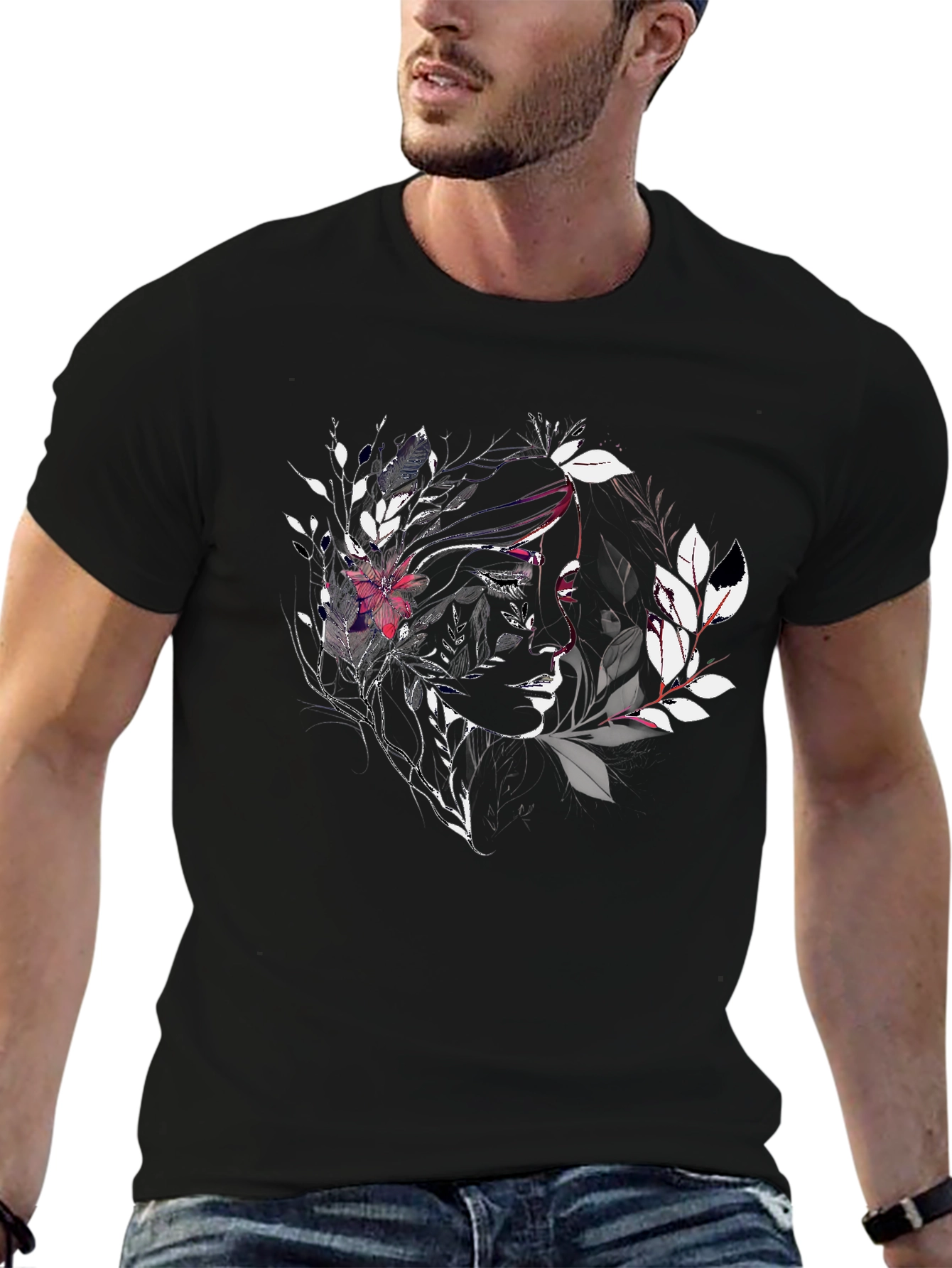 Artistic Floral Woman Graphic Black Tee