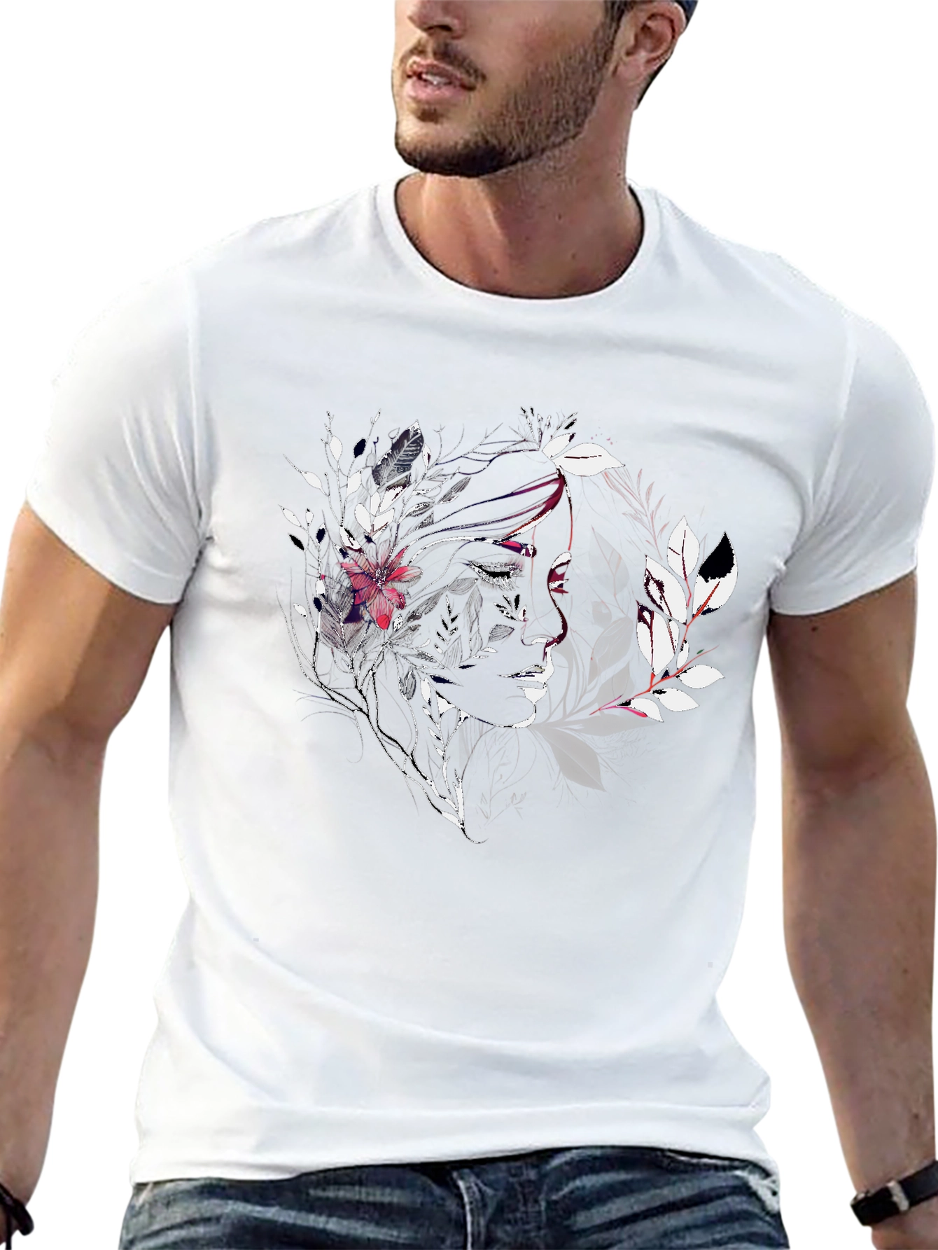 Artistic Floral Woman Graphic Black Tee