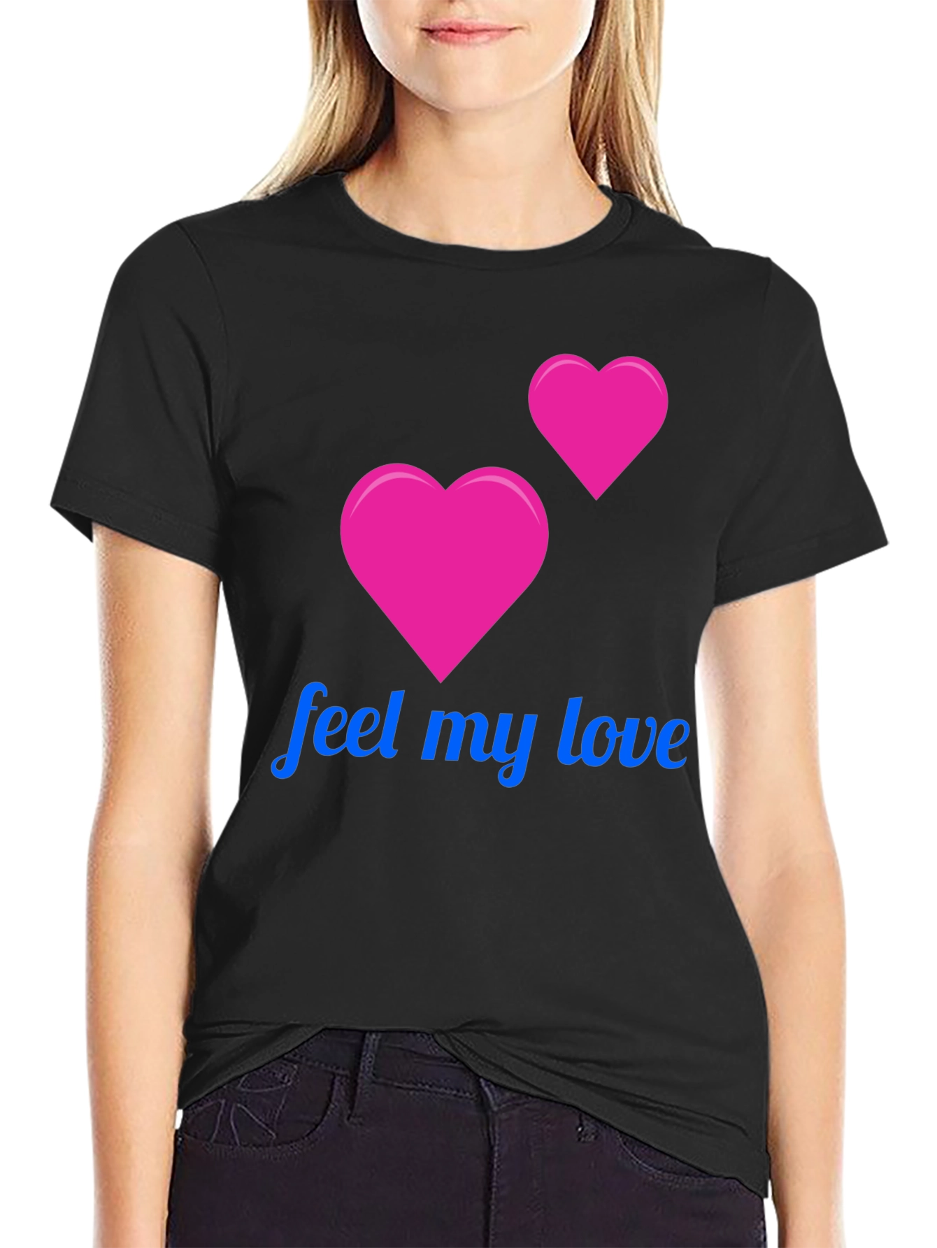 Feel My Love Black T-Shirt - Romantic Heart Design