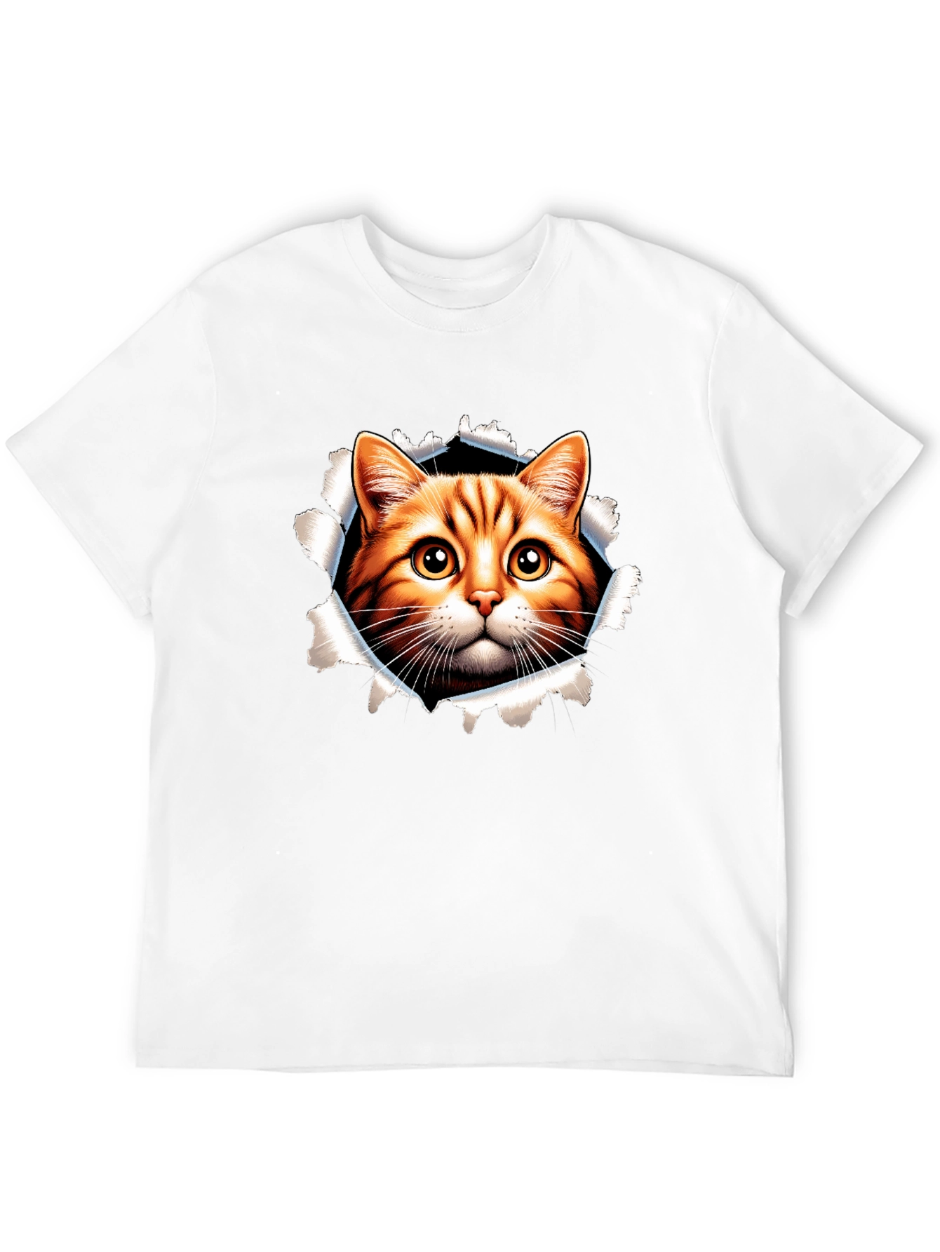Cat Peeking Through Ripped Black Tee