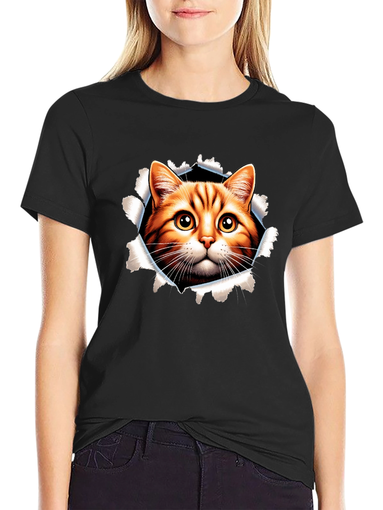 Cat Peeking Through Ripped Black Tee