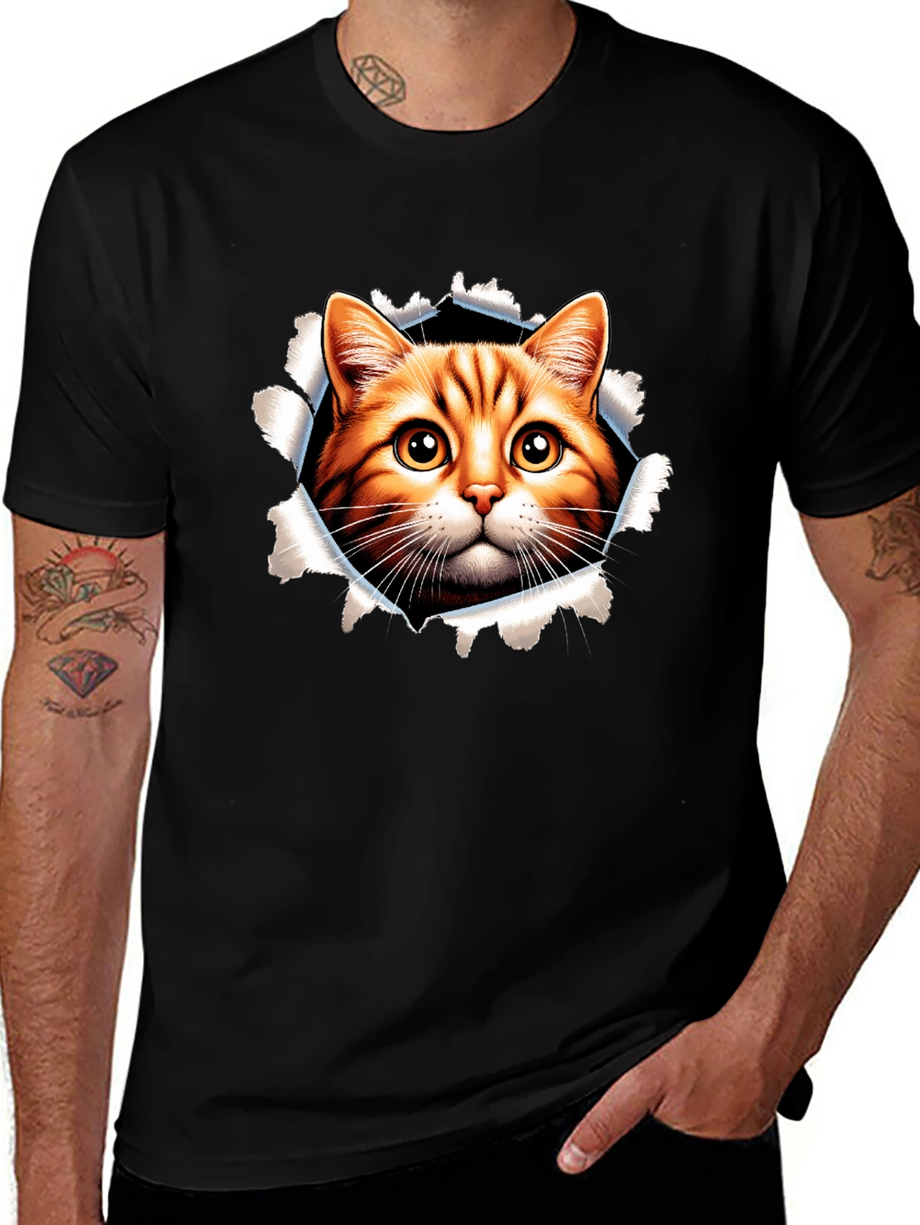 Cat Peeking Through Ripped Black Tee