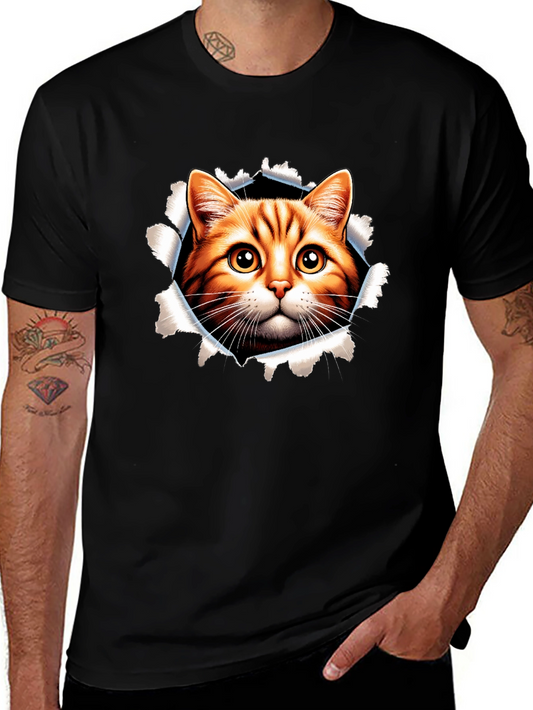 Cat Peeking Through Ripped Black Tee
