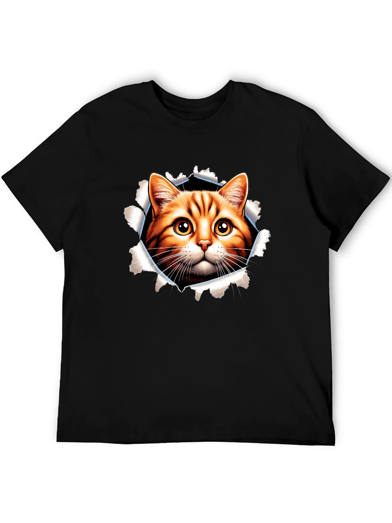 Cat Peeking Through Ripped Black Tee