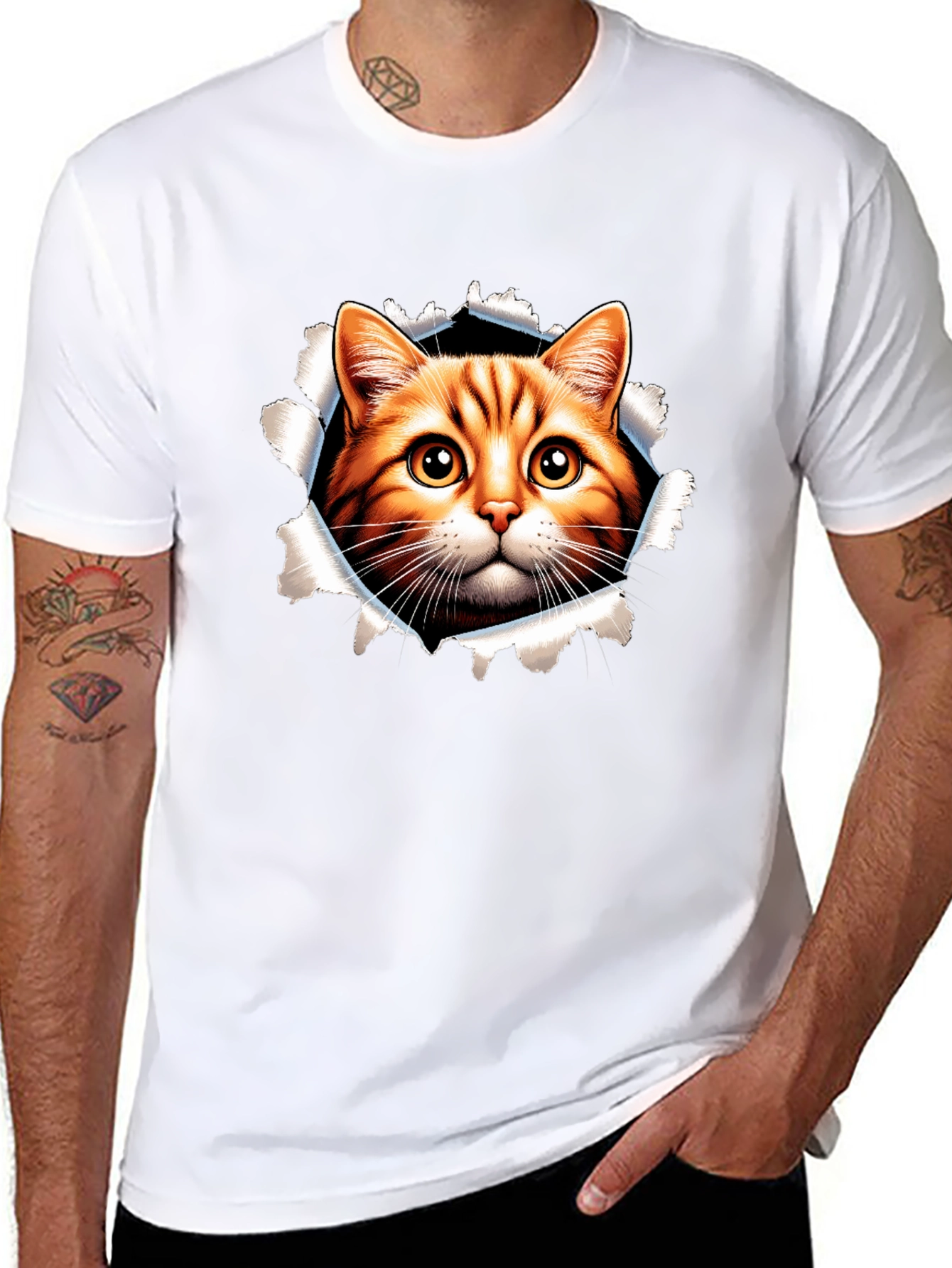 Cat Peeking Through Ripped Black Tee
