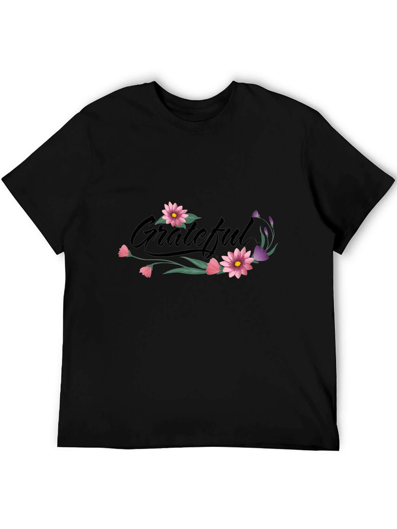 Grateful Floral Print Black T-Shirt