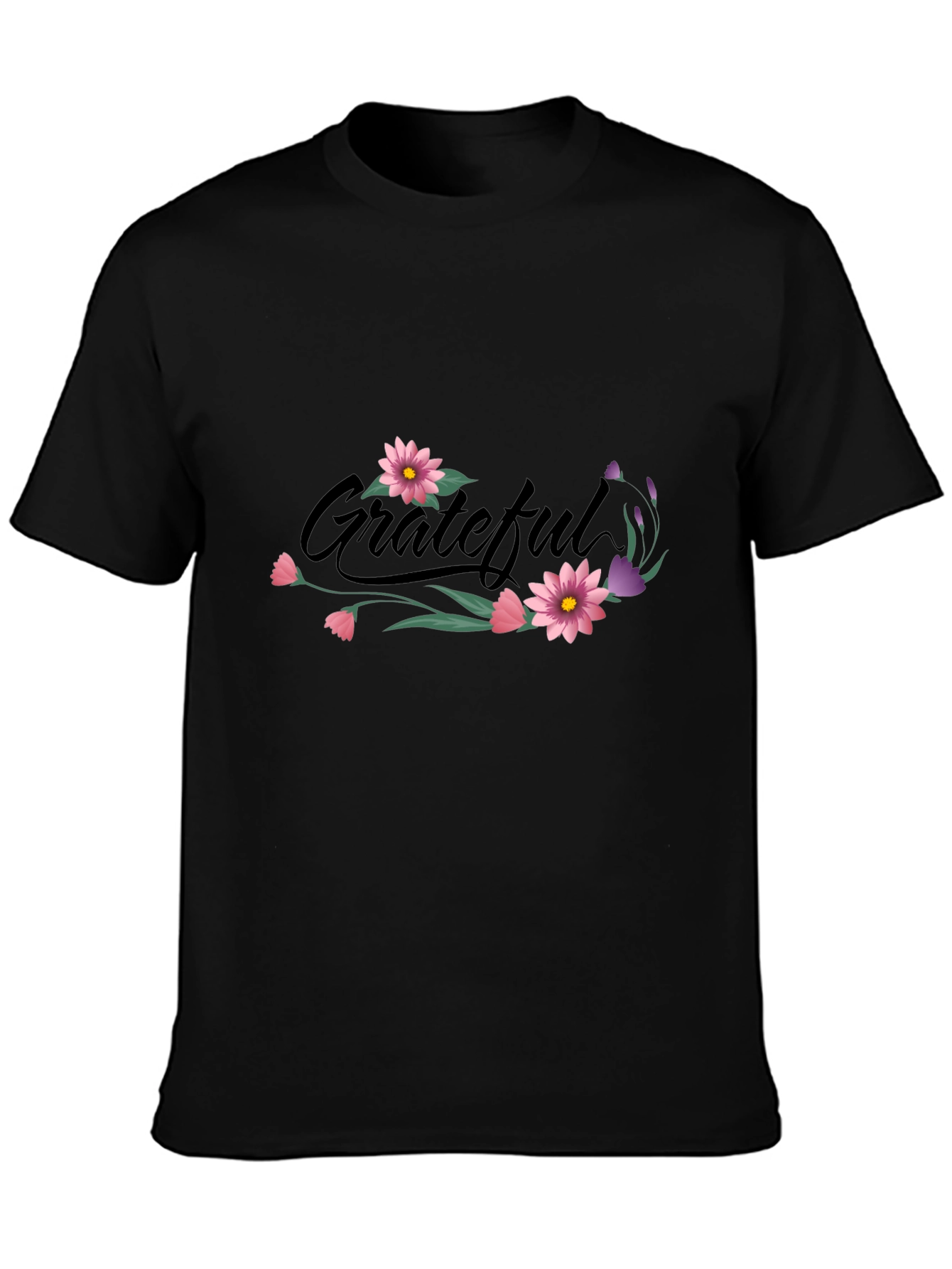 Grateful Floral Print Black T-Shirt