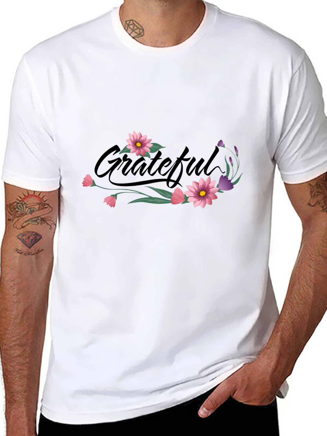 Grateful Floral Print Black T-Shirt