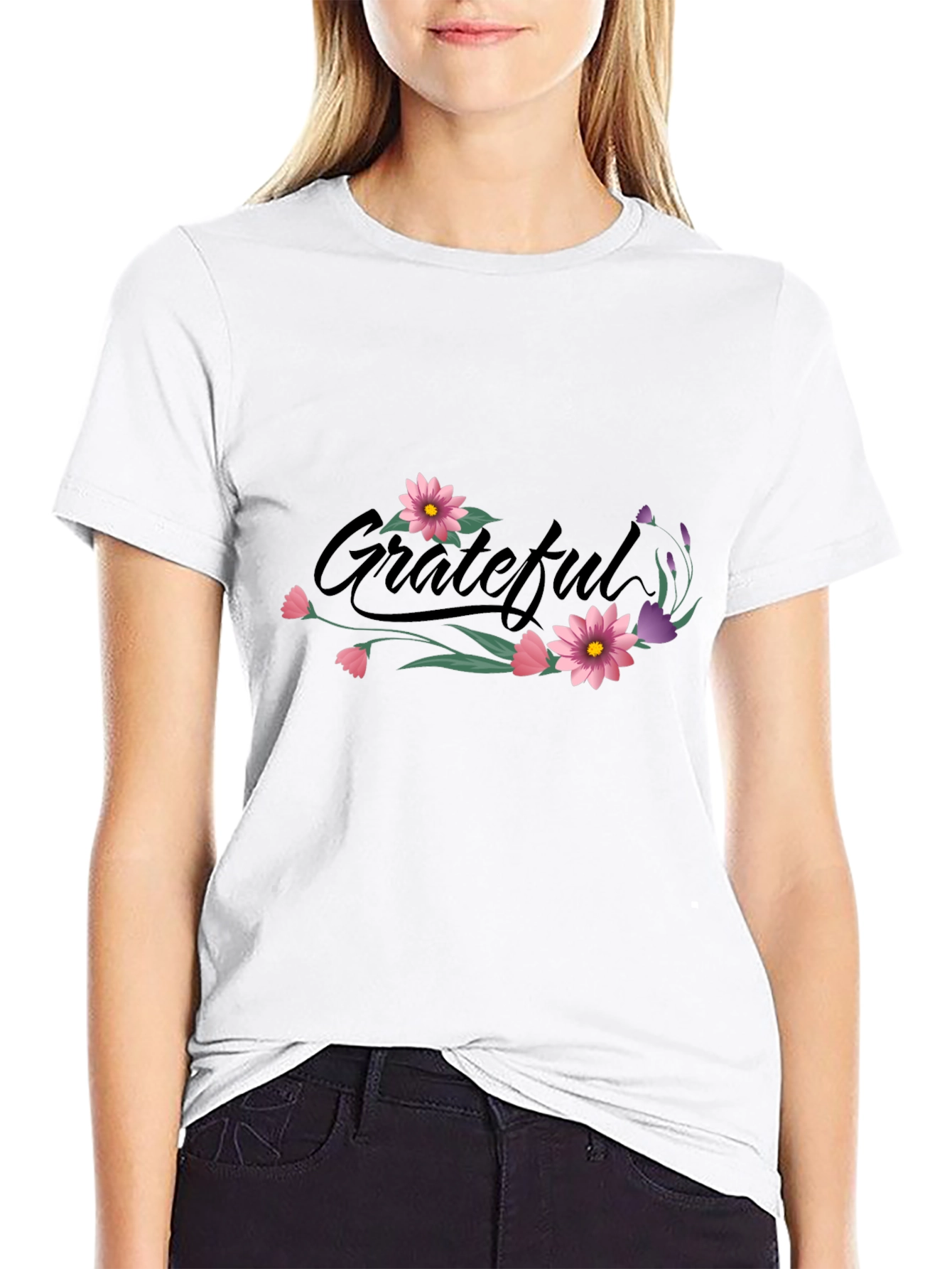 Grateful Floral Print Black T-Shirt