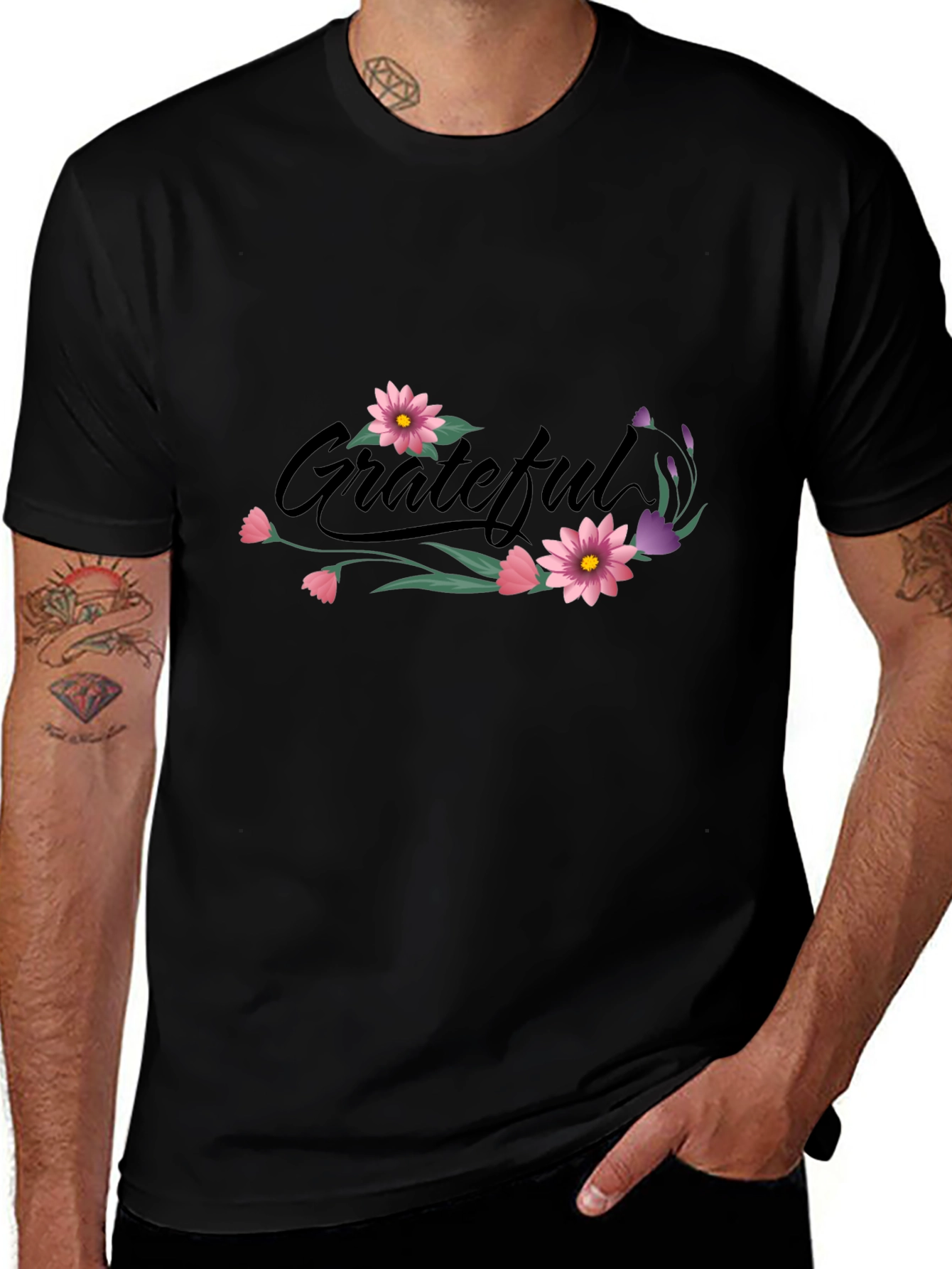 Grateful Floral Print Black T-Shirt