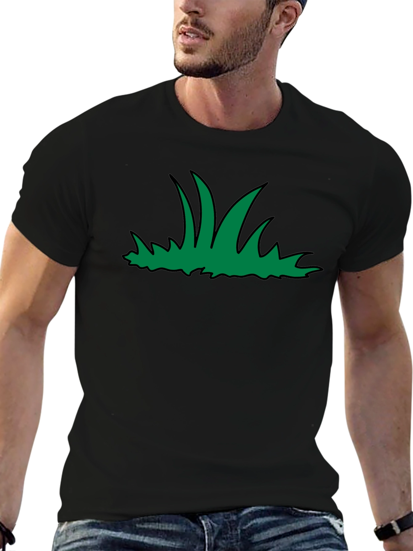 Green Grass Graphic Print Black T-Shirt
