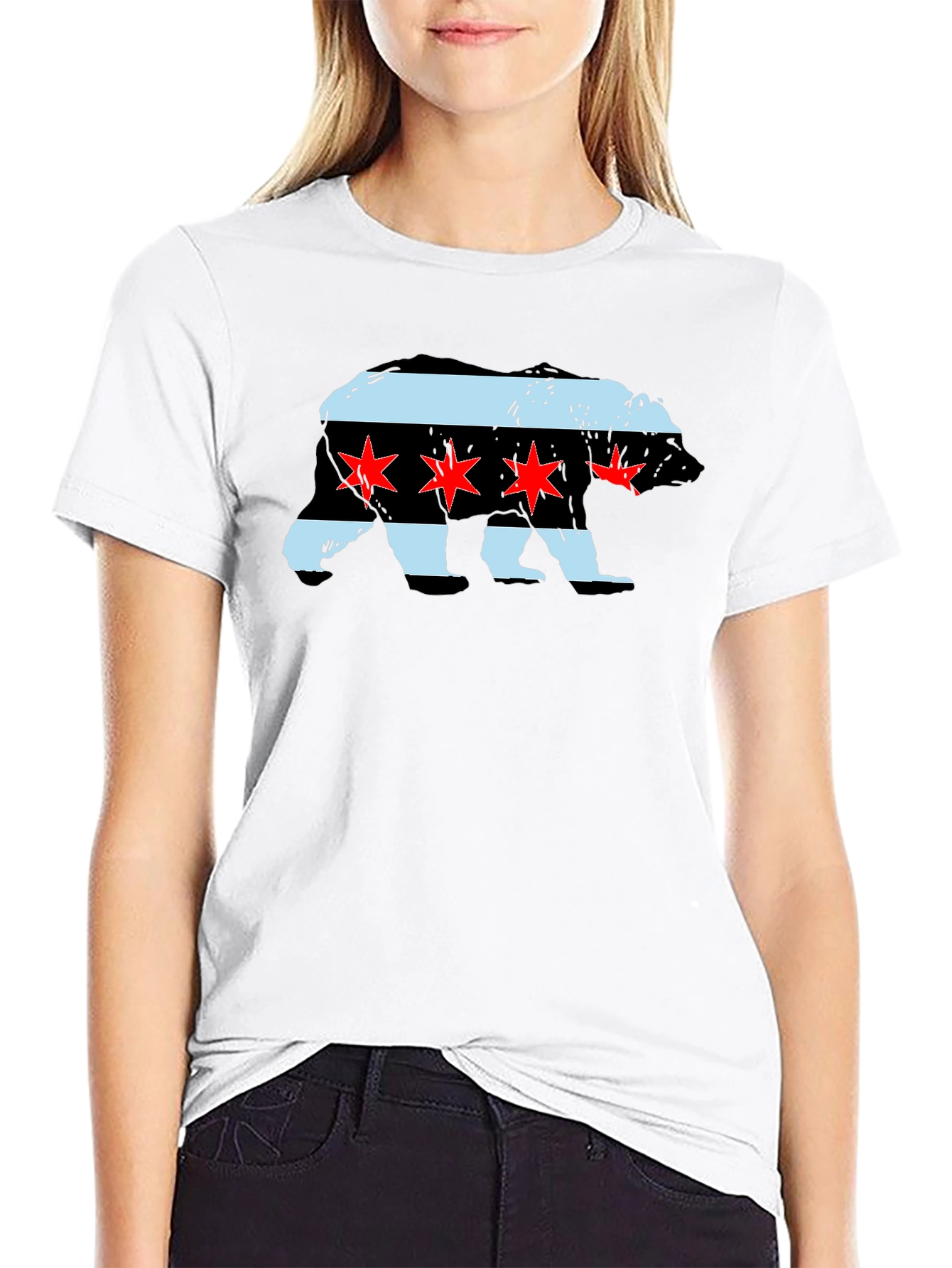 Chicago Flag Bear Graphic Tee - Black Cotton T-Shirt
