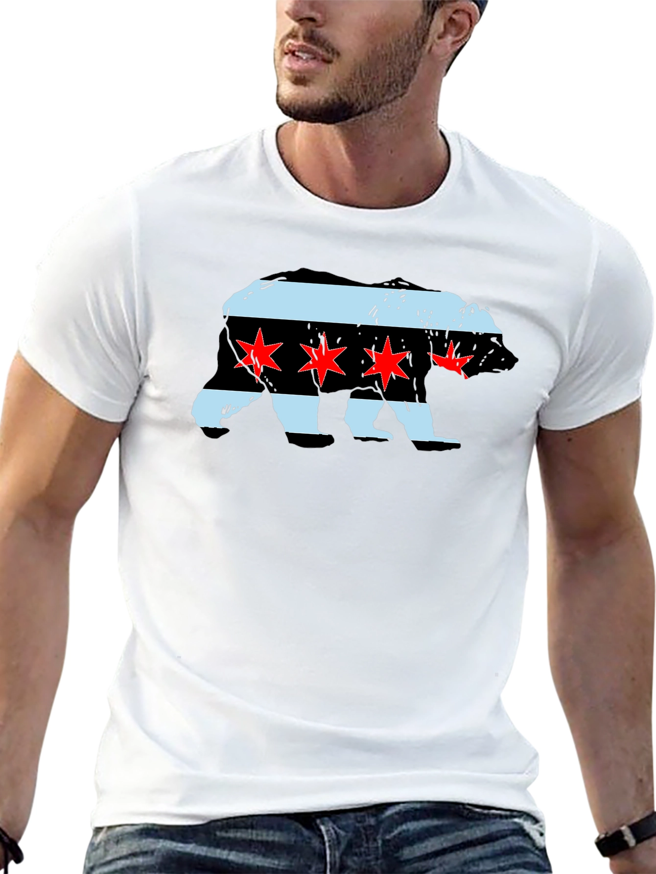 Chicago Flag Bear Graphic Tee - Black Cotton T-Shirt
