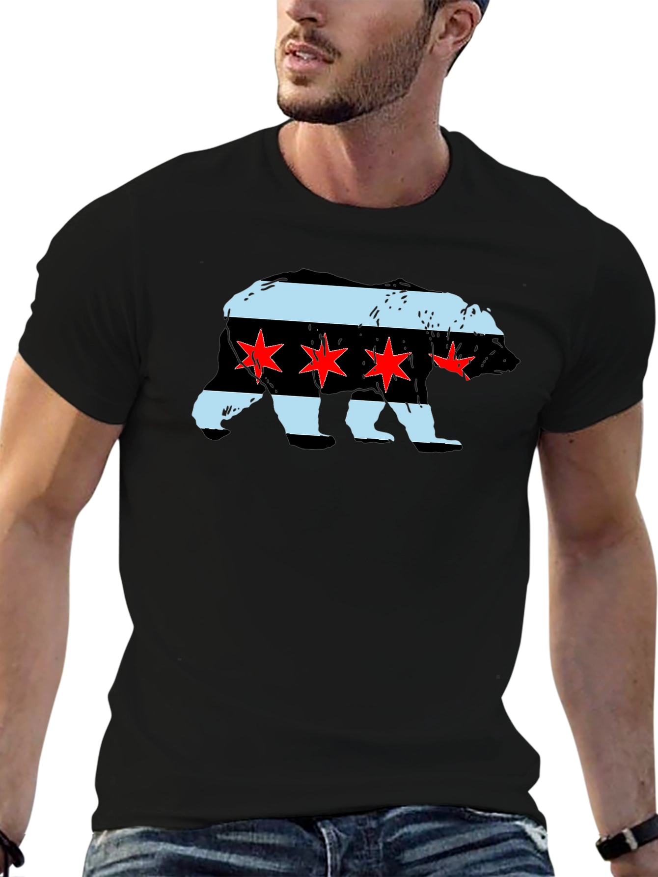 Chicago Flag Bear Graphic Tee - Black Cotton T-Shirt