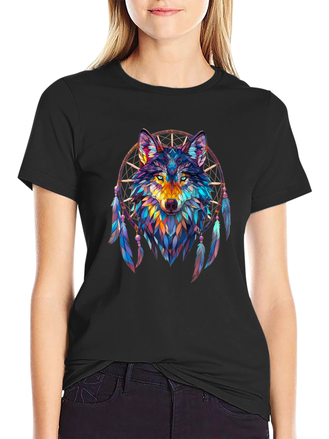 Wolf Dreamcatcher Graphic Black T-Shirt