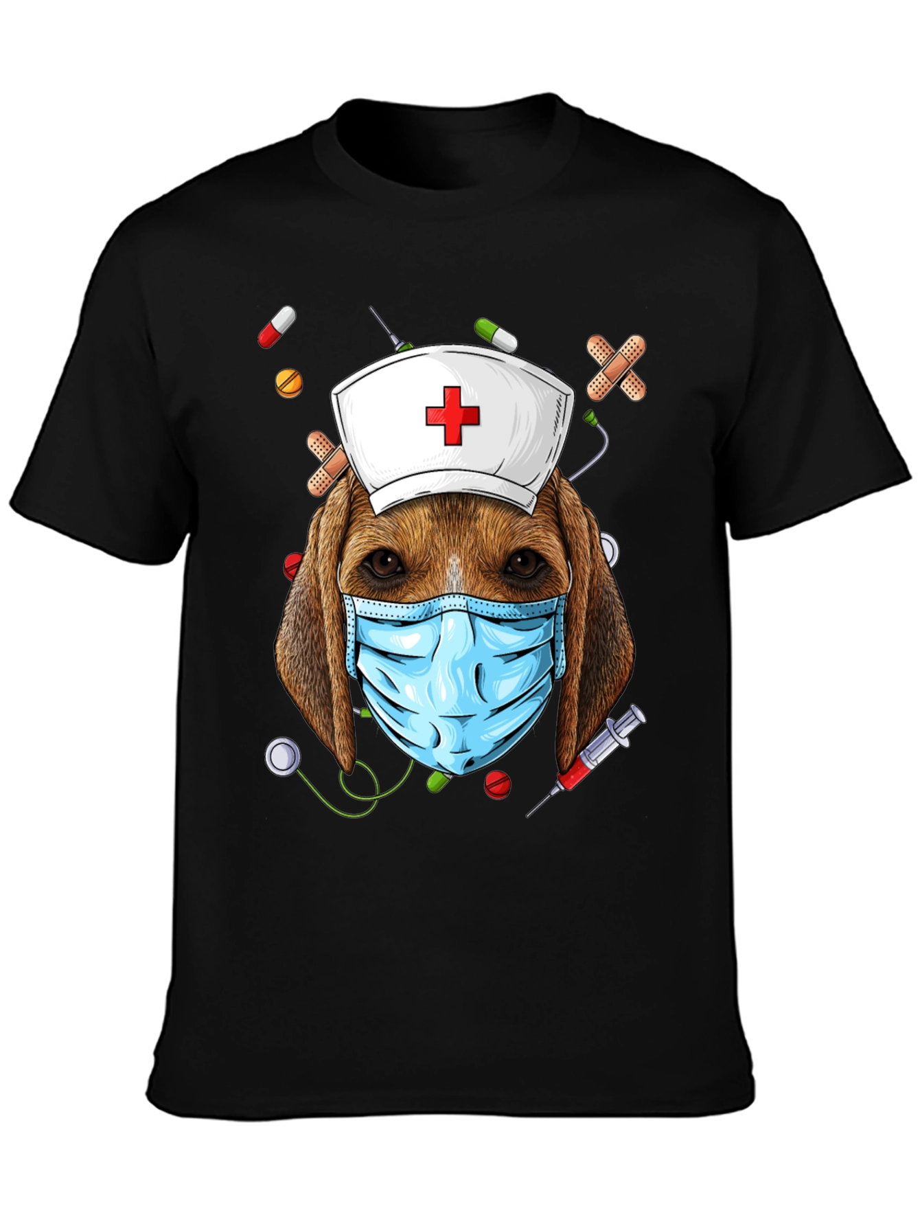 Dog Nurse T-Shirt: Beagle with Mask and Nurse Hat