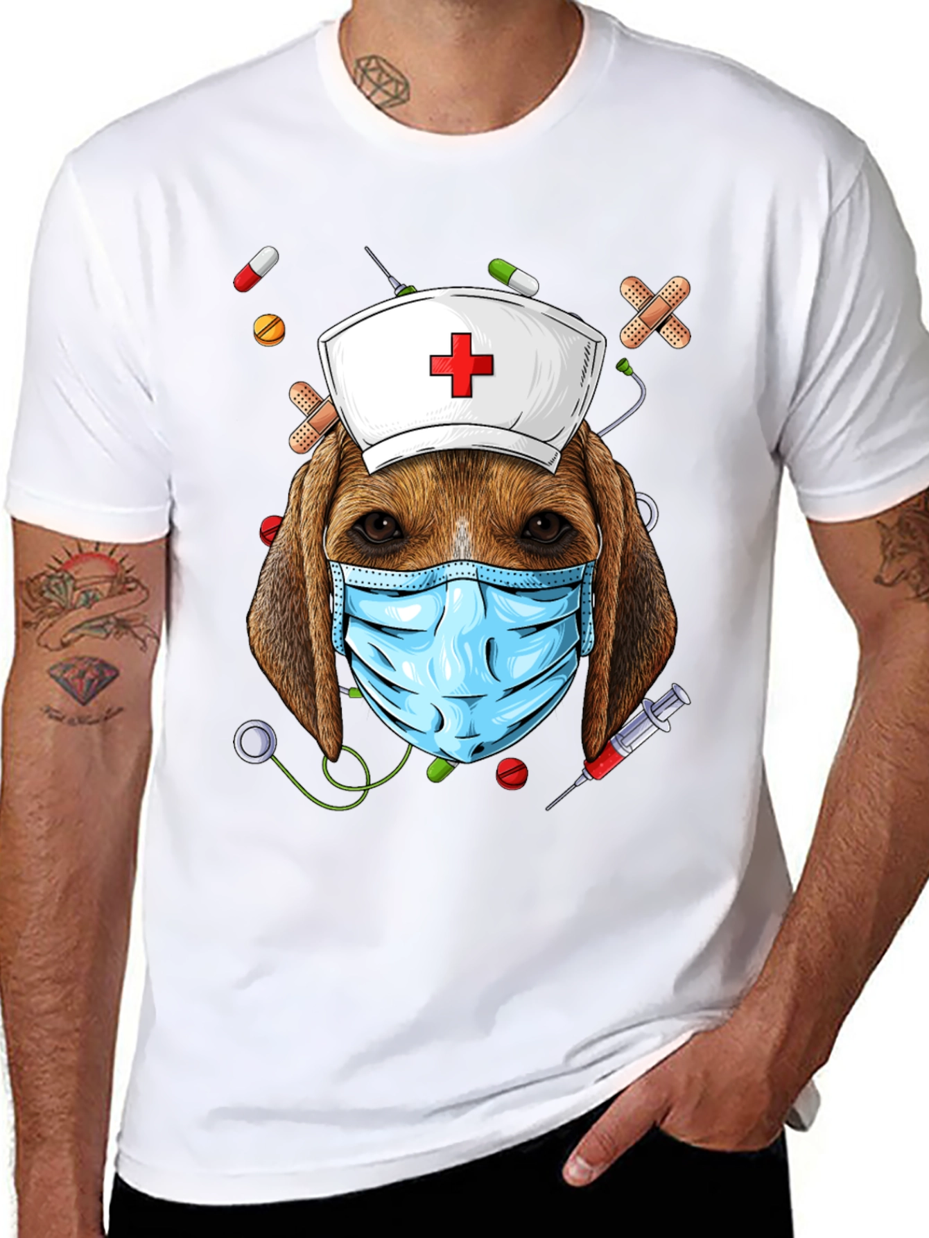 Dog Nurse T-Shirt: Beagle with Mask and Nurse Hat
