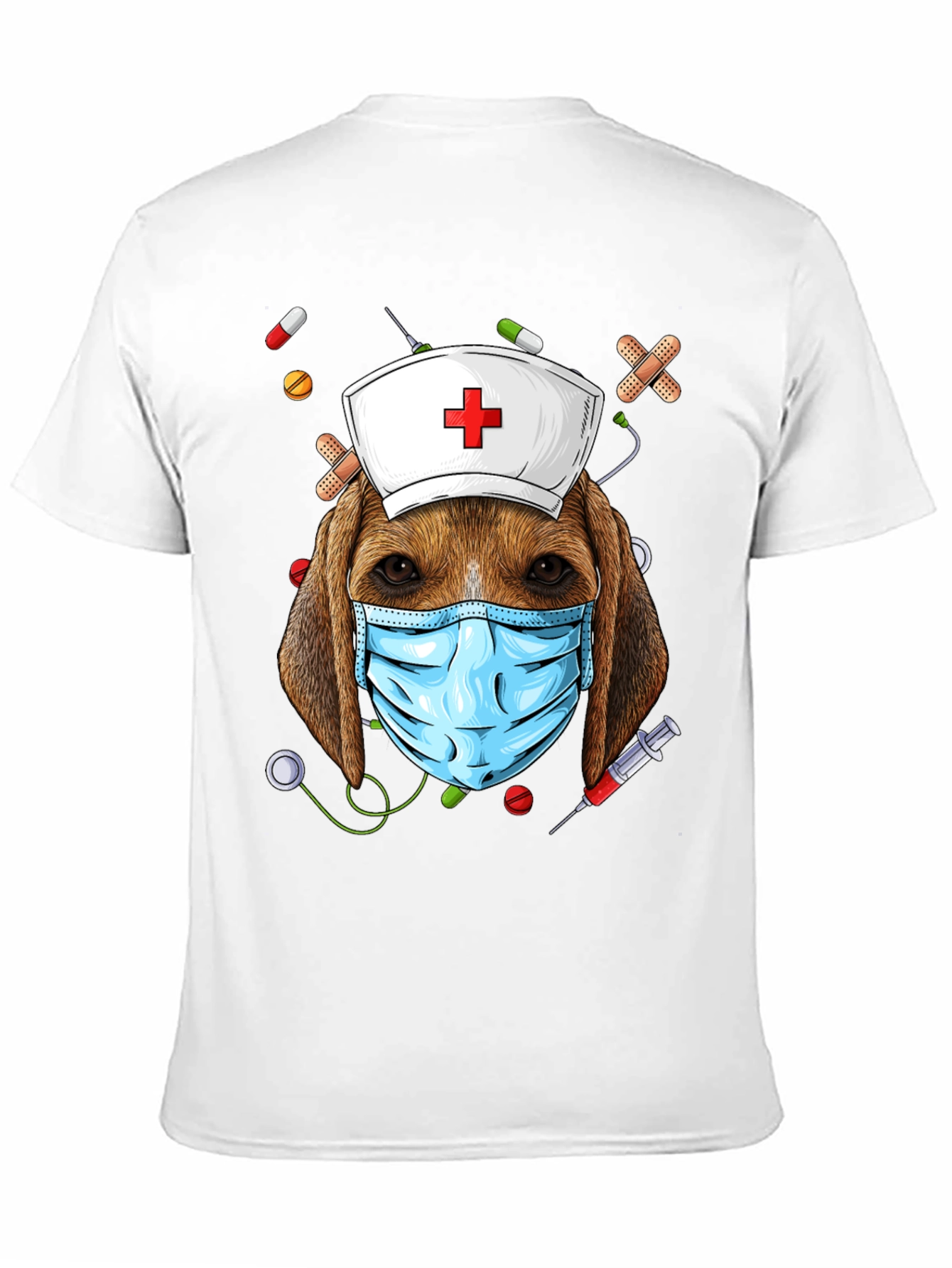Dog Nurse T-Shirt: Beagle with Mask and Nurse Hat