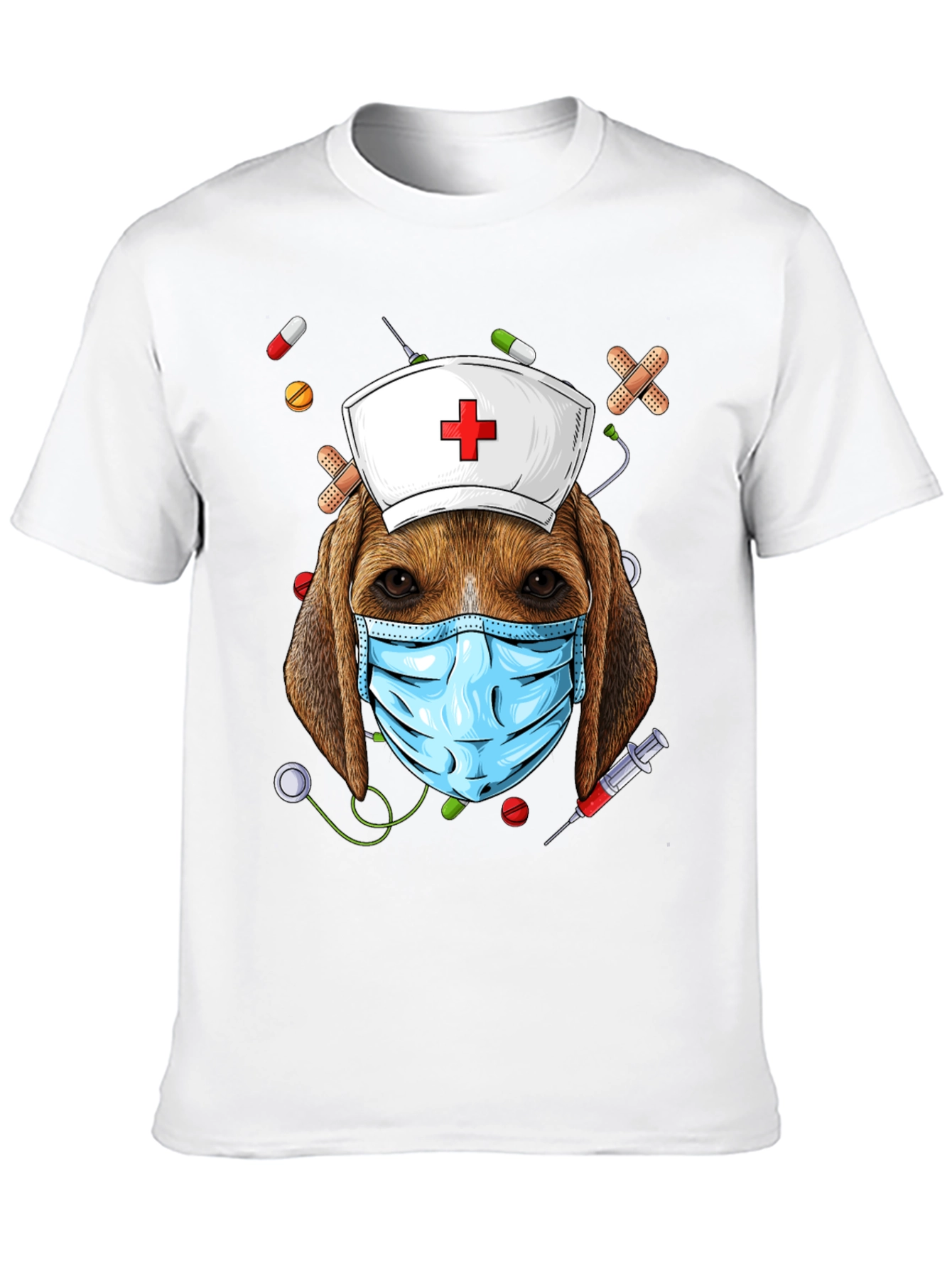 Dog Nurse T-Shirt: Beagle with Mask and Nurse Hat