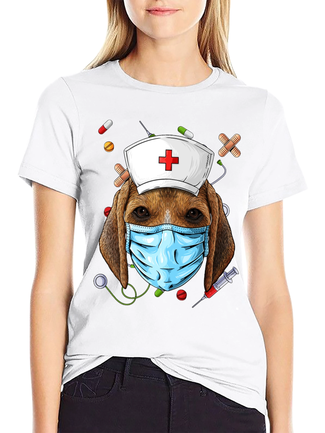 Dog Nurse T-Shirt: Beagle with Mask and Nurse Hat
