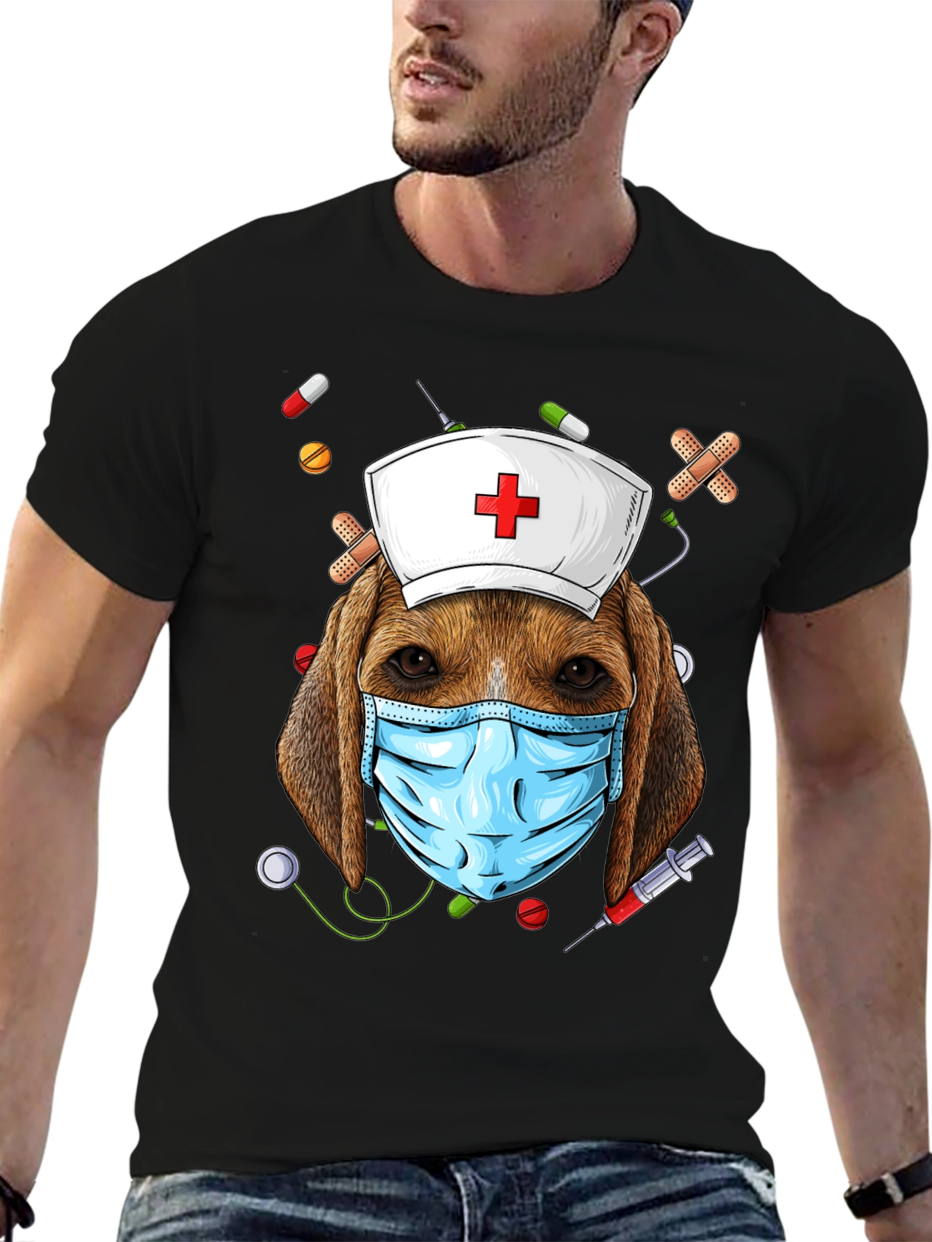 Dog Nurse T-Shirt: Beagle with Mask and Nurse Hat
