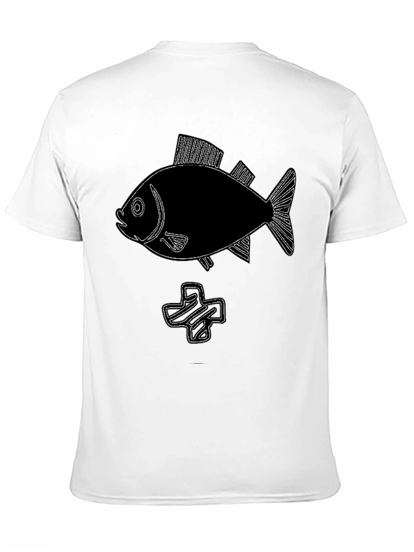 Black Tee with Fish & Plus Sign Graphic