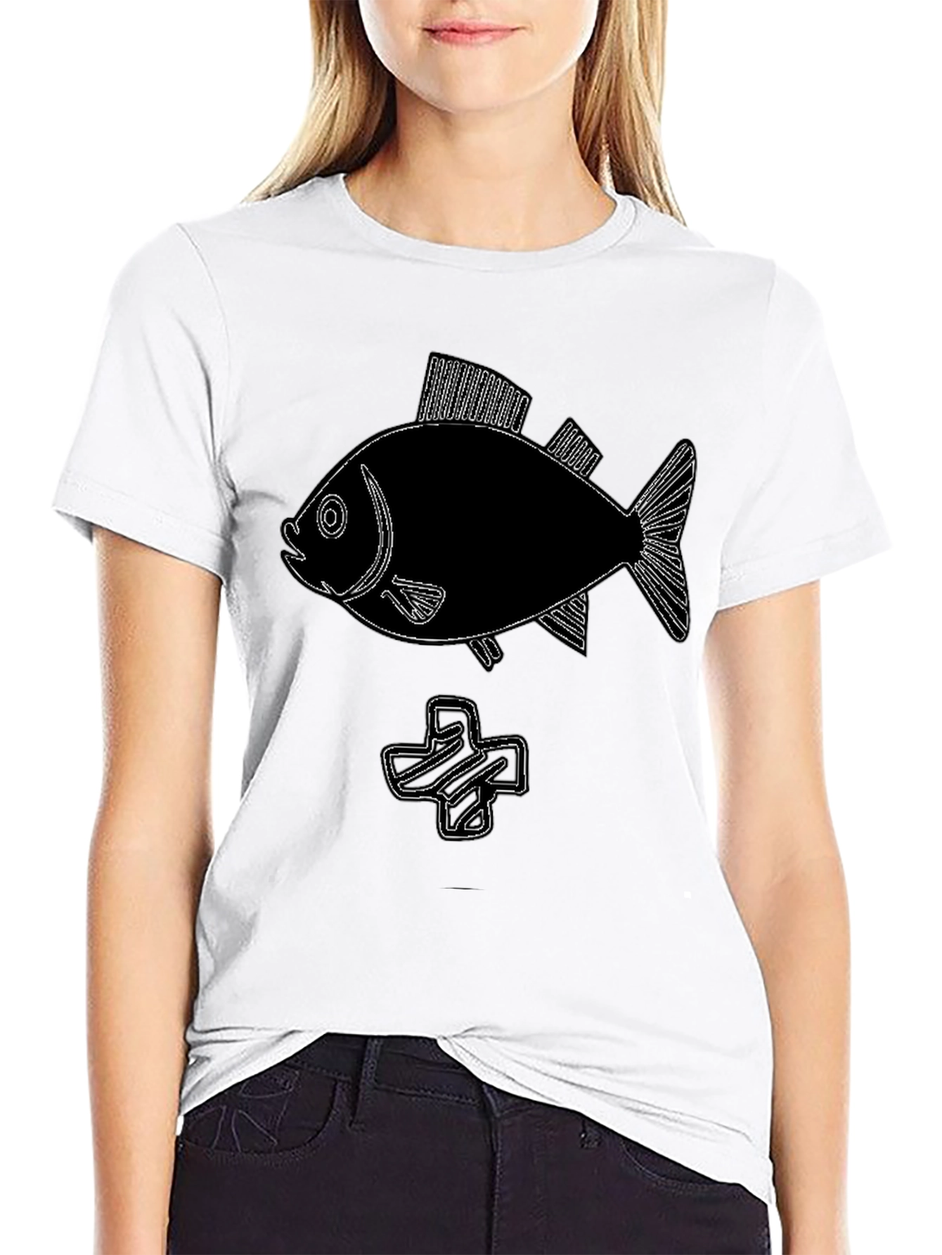 Black Tee with Fish & Plus Sign Graphic