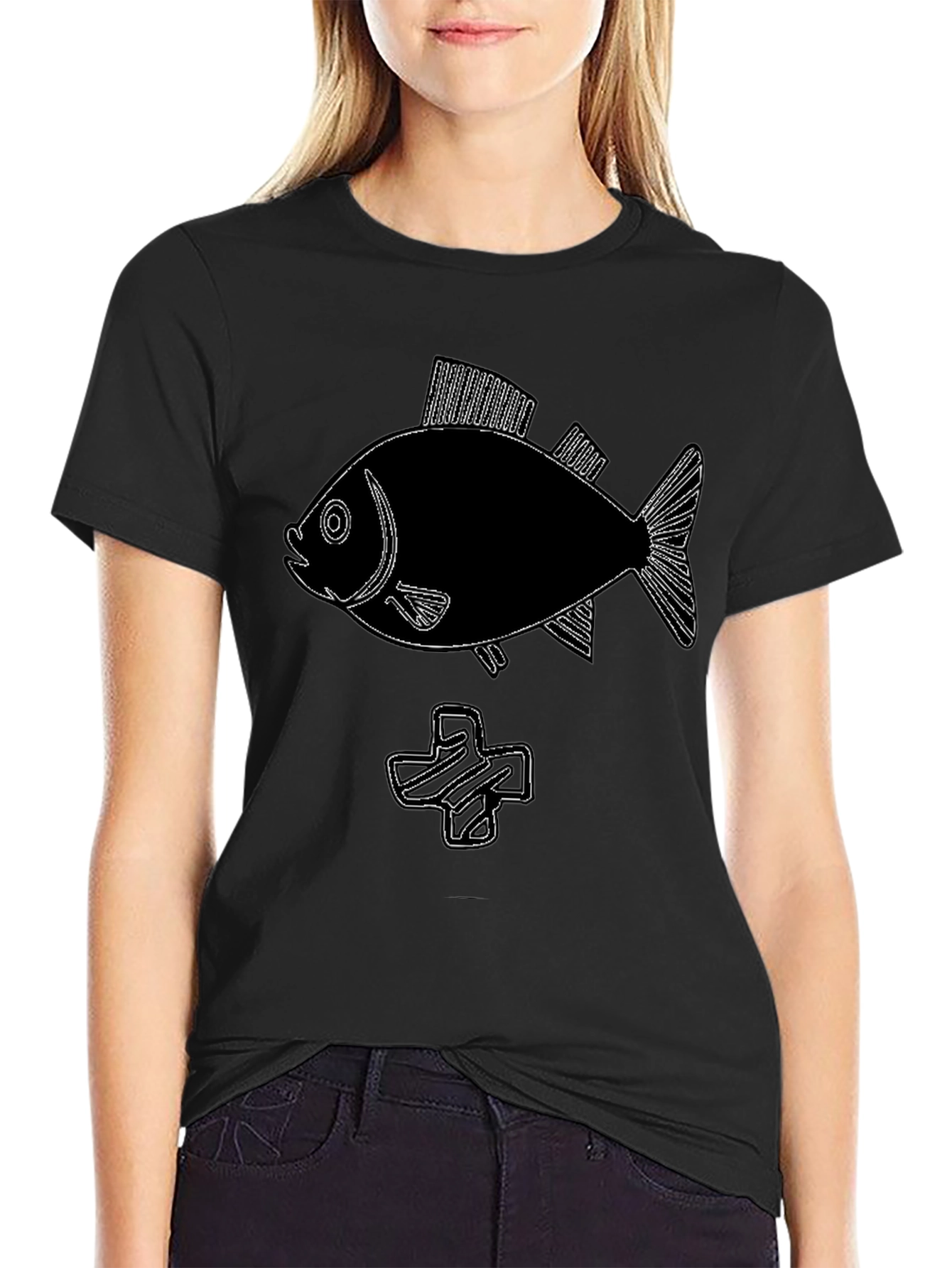 Black Tee with Fish & Plus Sign Graphic