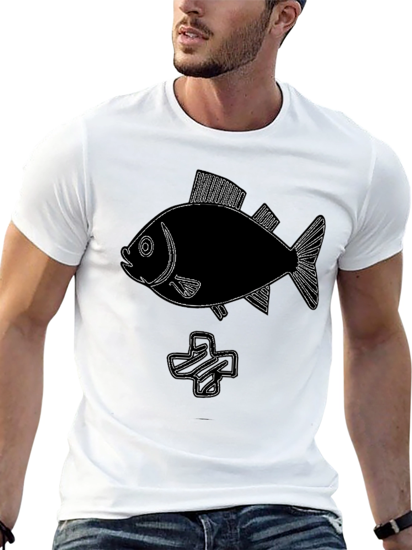 Black Tee with Fish & Plus Sign Graphic