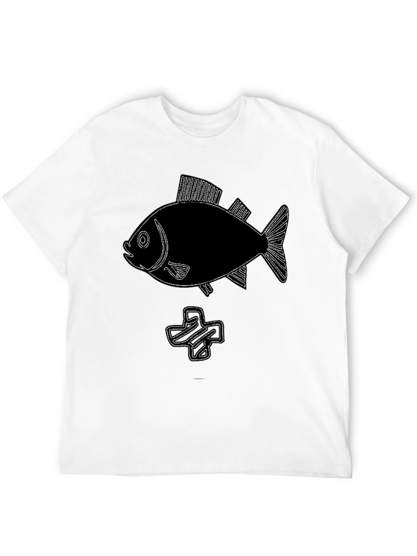 Black Tee with Fish & Plus Sign Graphic