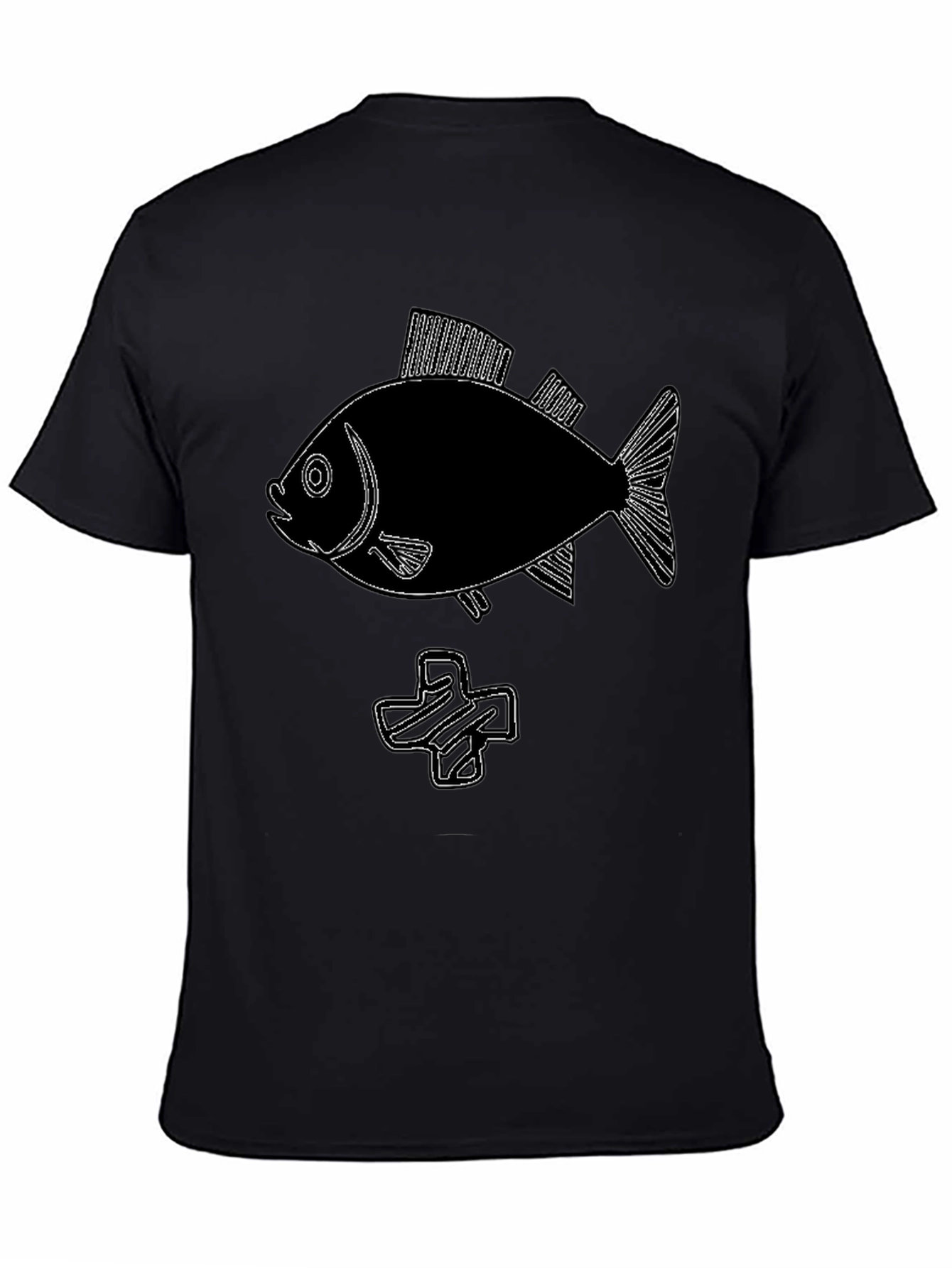 Black Tee with Fish & Plus Sign Graphic