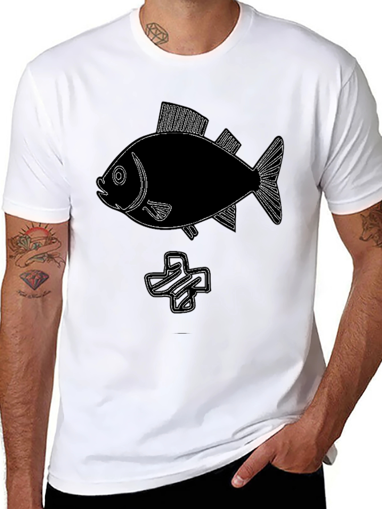 Black Tee with Fish & Plus Sign Graphic